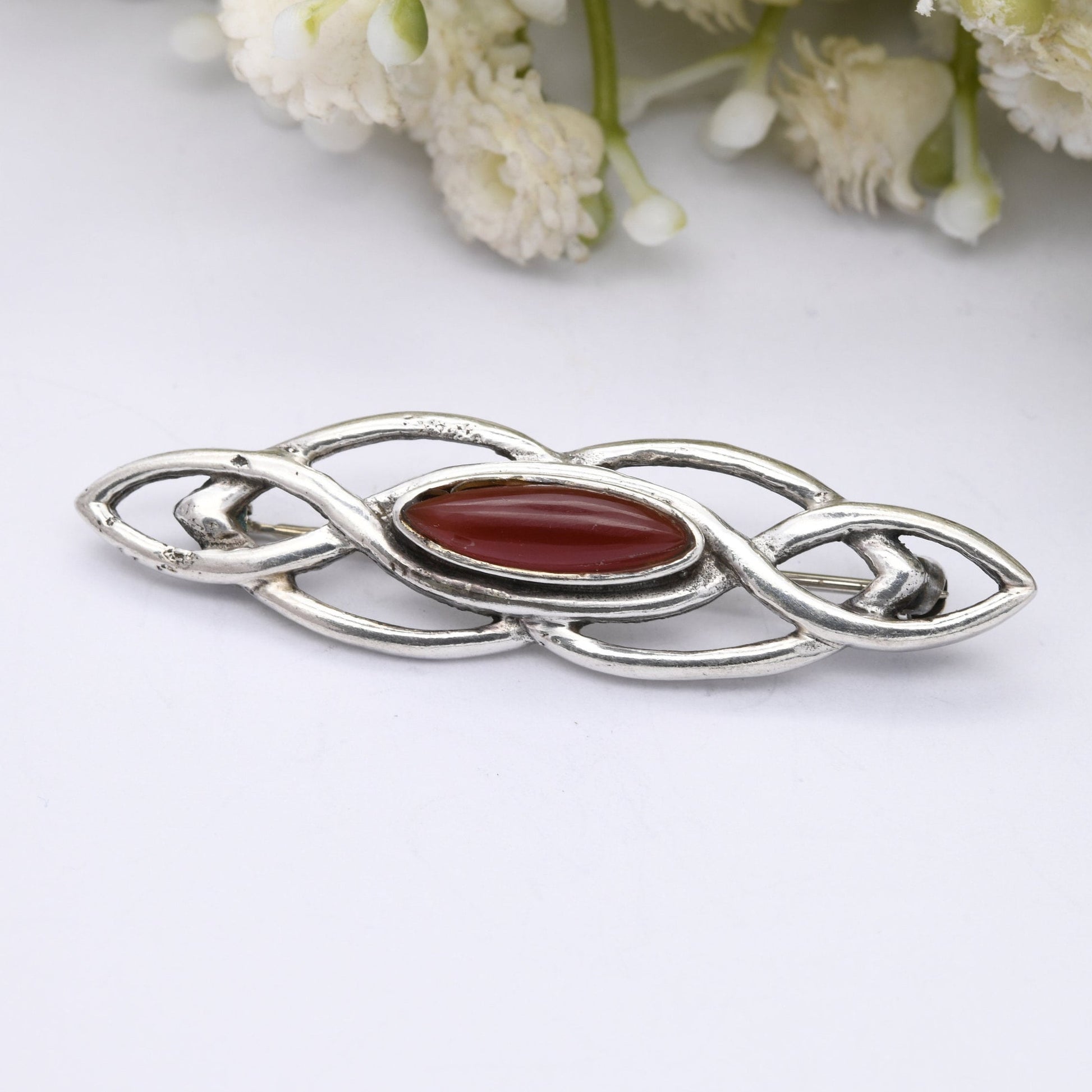 Vintage Sea Gems Sterling Silver Bar Brooch with Carnelian - Red Gemstone | Celtic Twist Jewellery