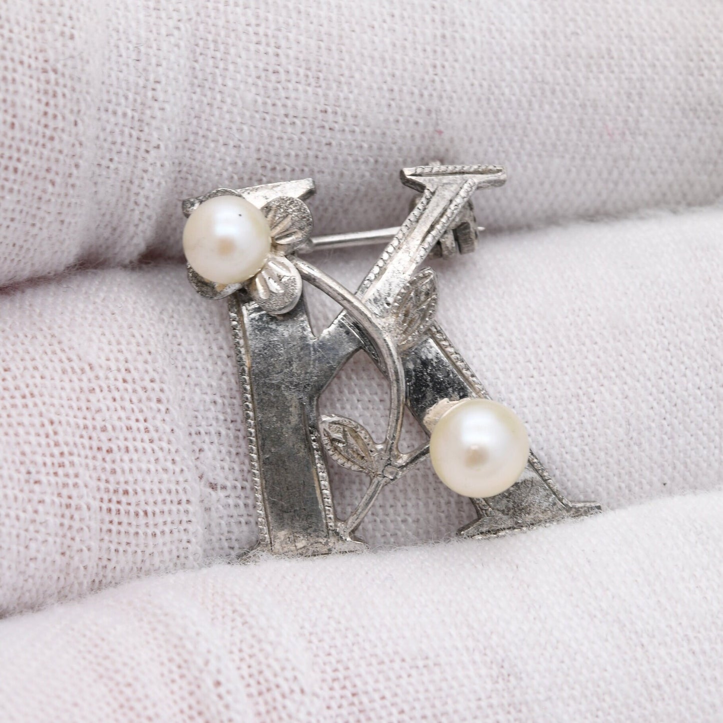 Vintage Sterling Silver Pearl Letter K Brooch - with Flower Design