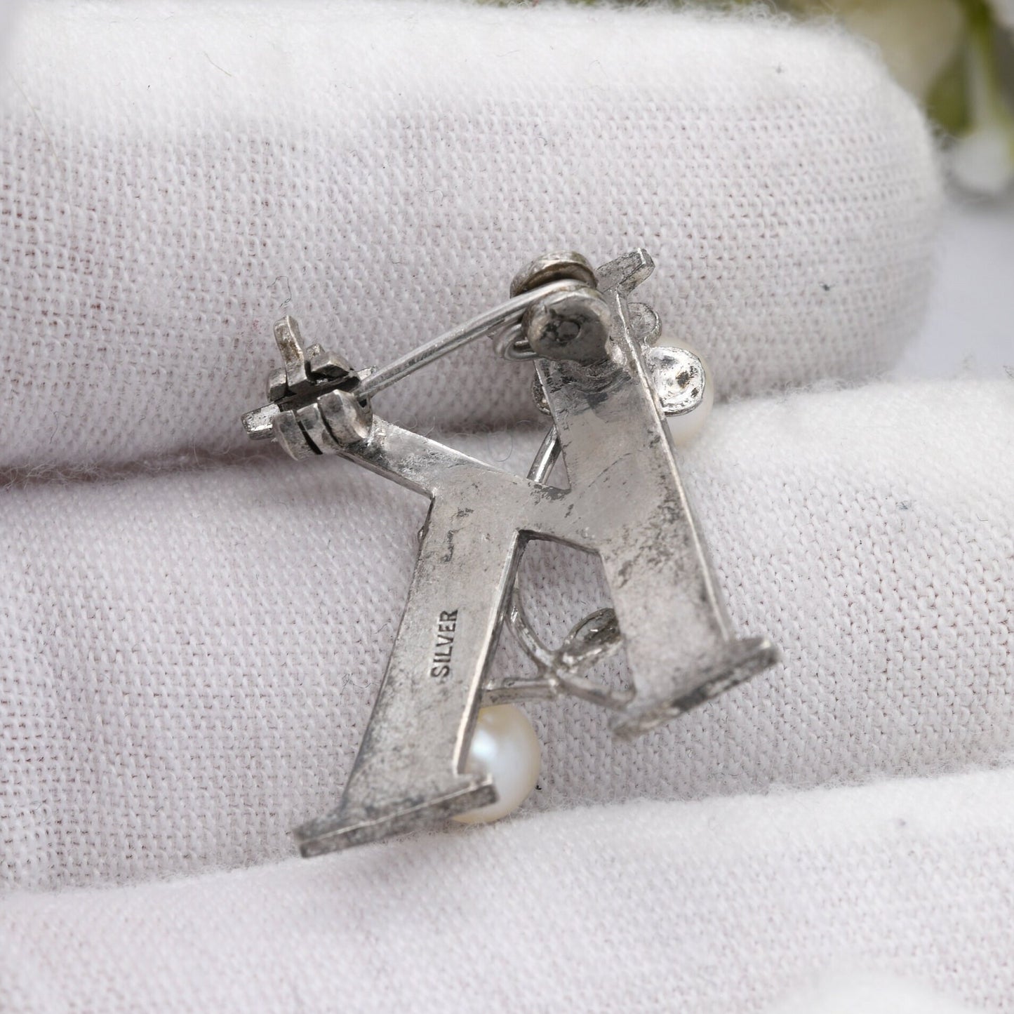 Vintage Sterling Silver Pearl Letter K Brooch - with Flower Design