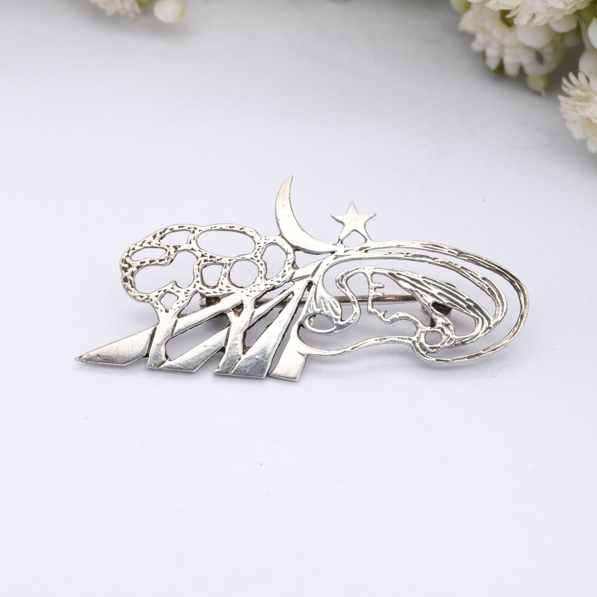 Vintage Sterling Silver Openwork Sculptural Brooch - Road Tree Moon Star Face Cut Out Design | Unusual Figural Silver Jewellery