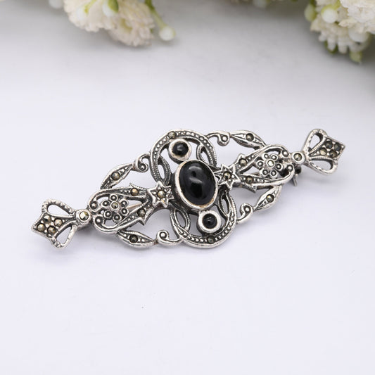 Vintage Sterling Silver Onyx Marcasite Brooch - Flowers and Stars Design | Statement Sparkly Brooch | Art Deco Silver