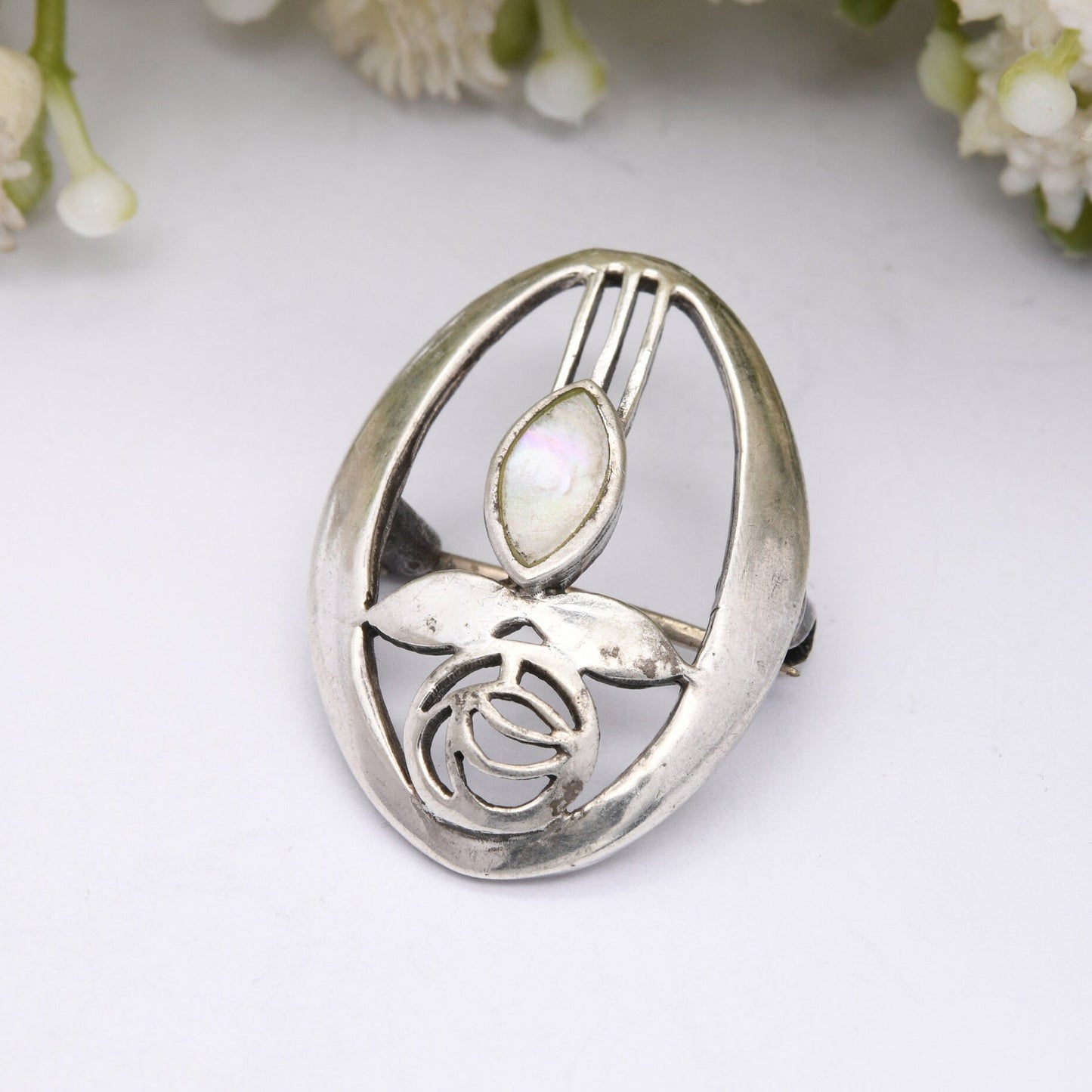 Vintage Celtic Sterling Silver Glasgow Rose Brooch with Mother of Pearl - Scottish Stain Glass Window Design | Mackintosh Style Flower