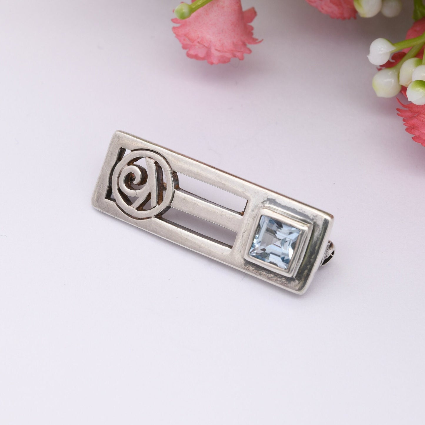 Vintage Scottish Sterling Silver Glasgow Rose Brooch 1999 - with Blue Stone | Mackintosh Stained Glass Window Style | Celtic Flower Design