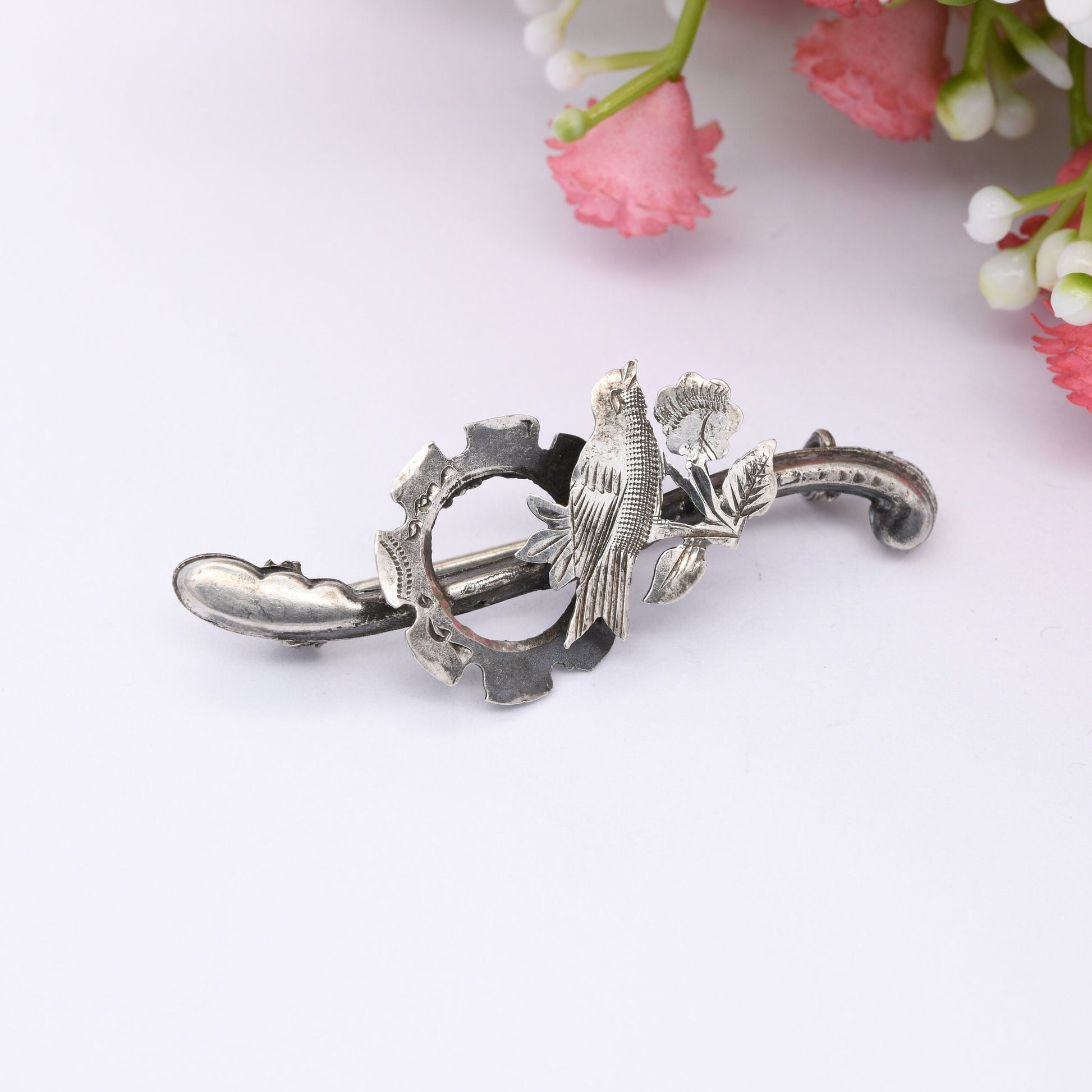 Antique Edwardian Sterling Silver Bird on a Branch Brooch 1905 - Victorian Aesthetic Movement Style