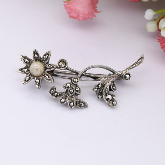 Vintage Silver Marcasite Flower Brooch with Faux Pearl - Sparkly Statement Pin | 935 European Silver