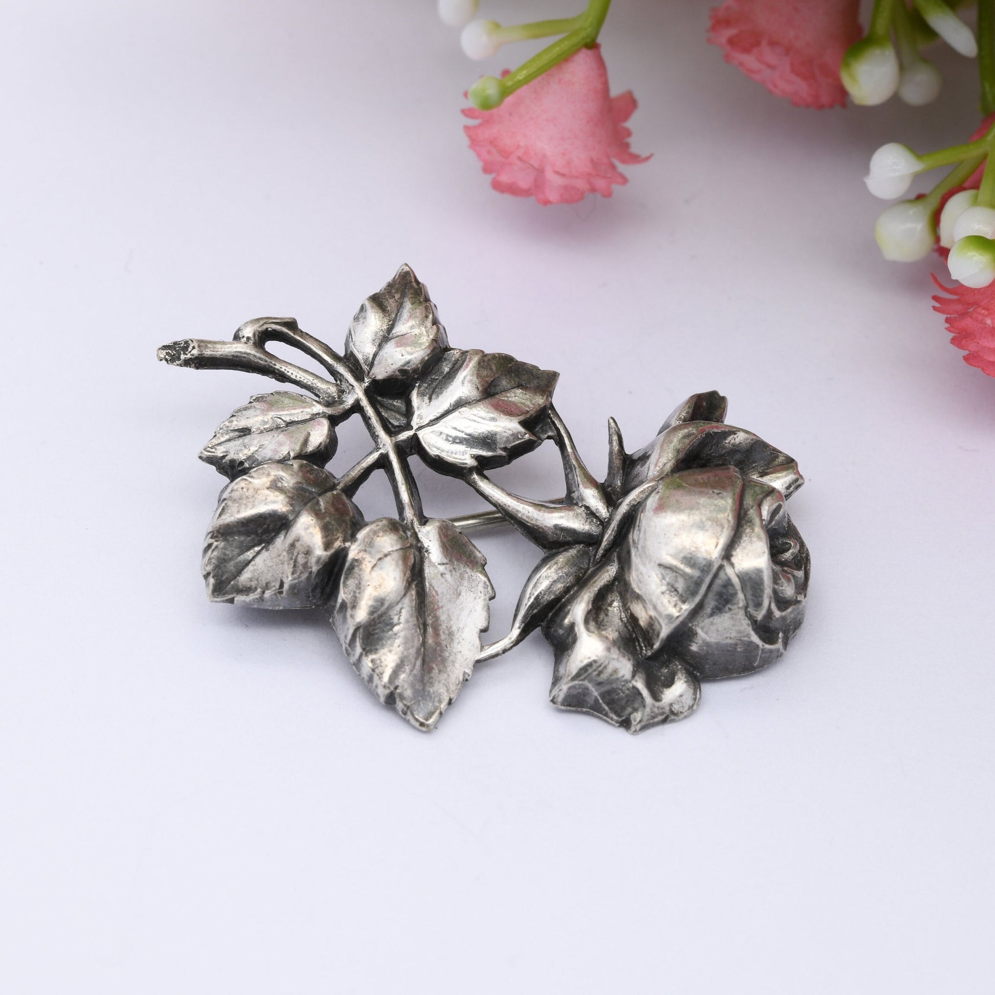 Vintage Silver Rose Brooch - Embossed Relief | Realistic Flower Jewellery