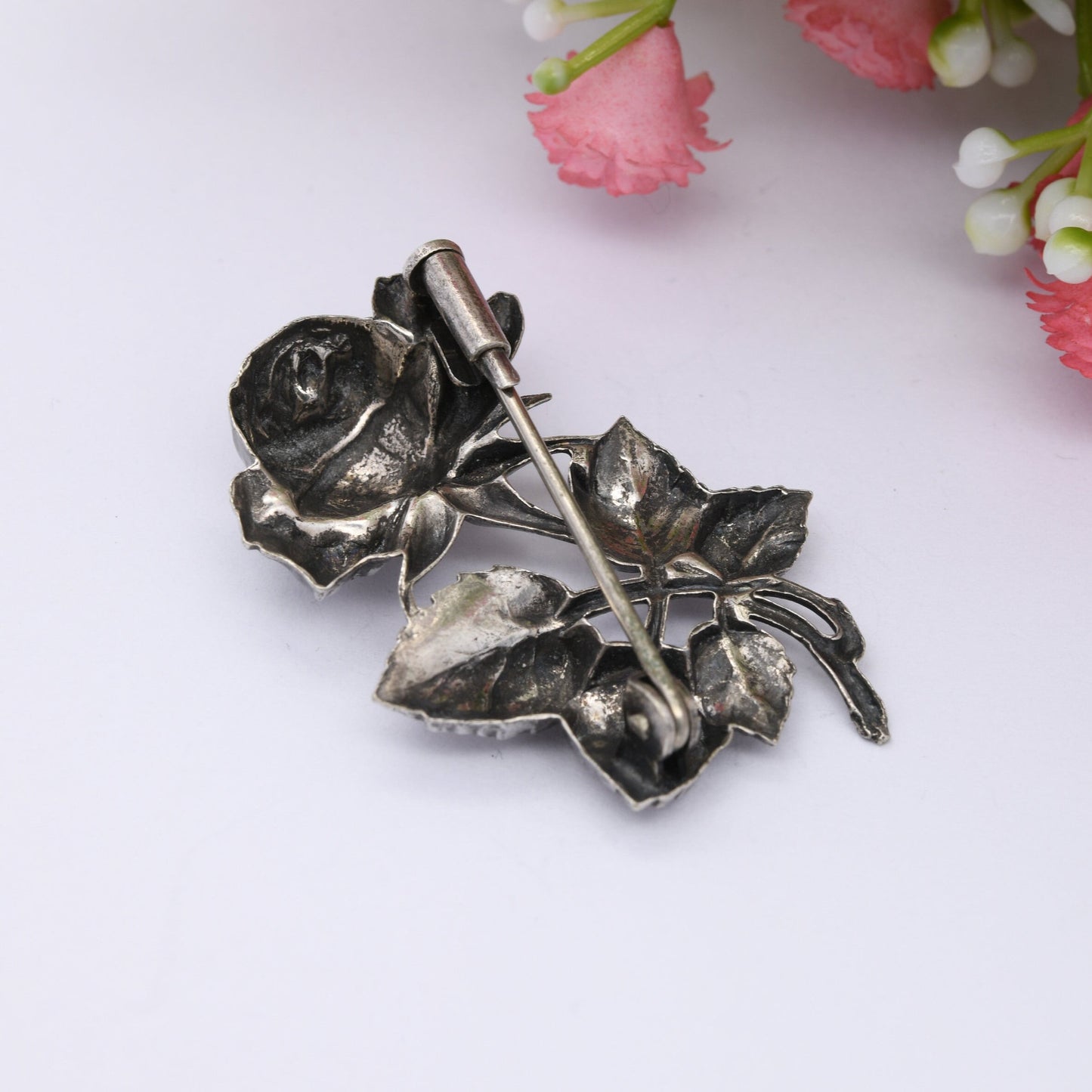 Vintage Silver Rose Brooch - Embossed Relief | Realistic Flower Jewellery