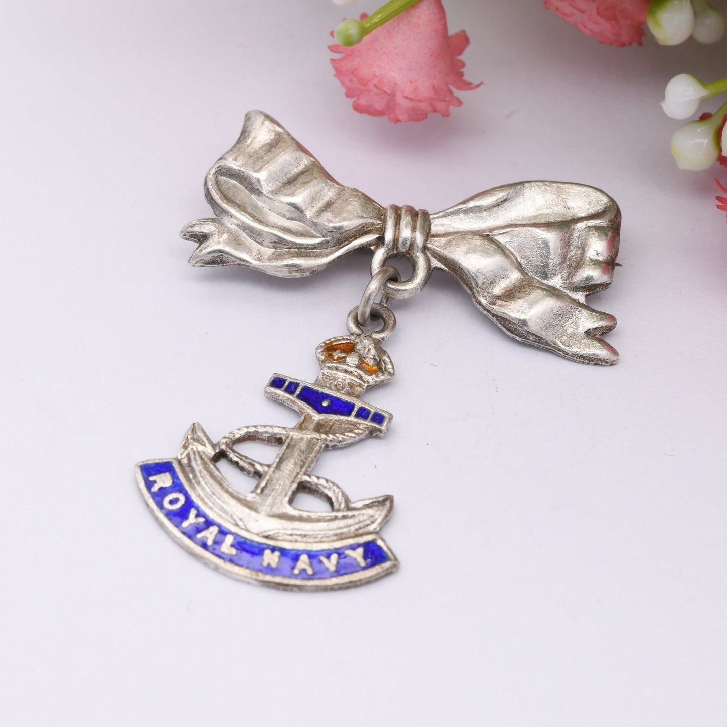 Vintage Sterling Silver Royal Navy Enamel Bow Brooch - UK United Kingdom Naval Service Collectable Jewellery