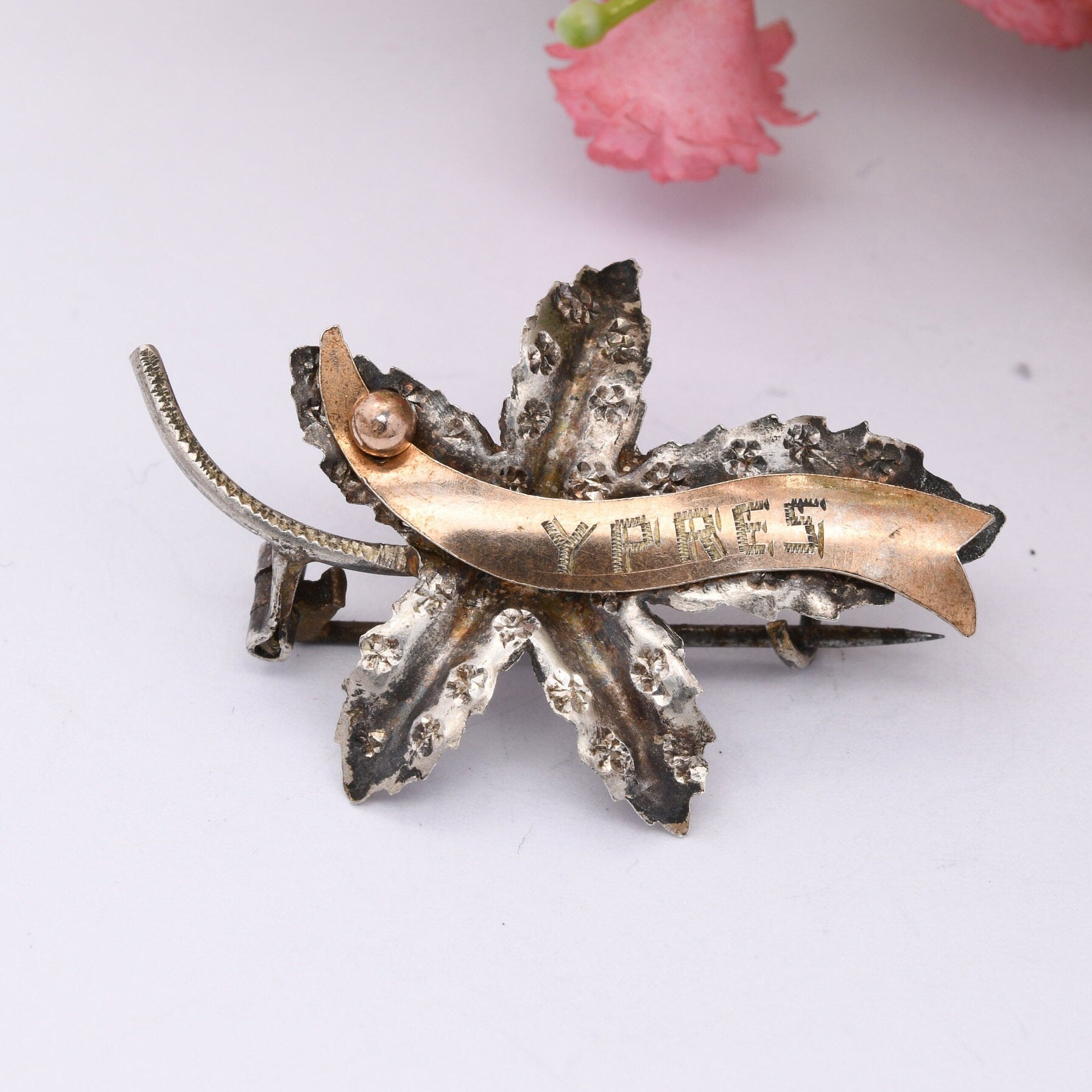 Antique WWI Silver Ypres Brooch - First World War Collectable | Rose Gold Plating | Ivy Leaf | Trench Art