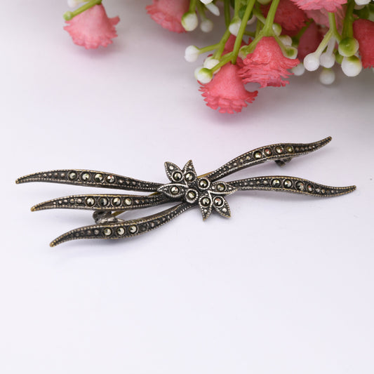 Vintage Art Deco Marcasite Flower Brooch - Statement Sparkly Costume Jewellery