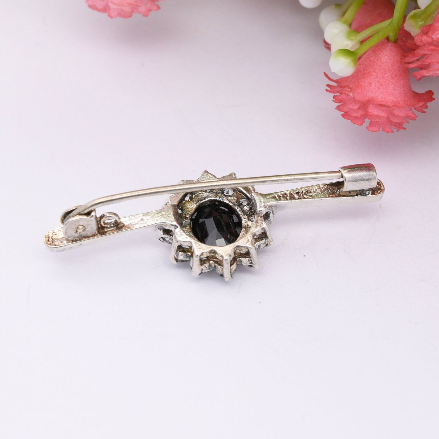 Vintage Sterling Silver Sapphire Bar Brooch with CZ Halo - Sparkly Statement Pin