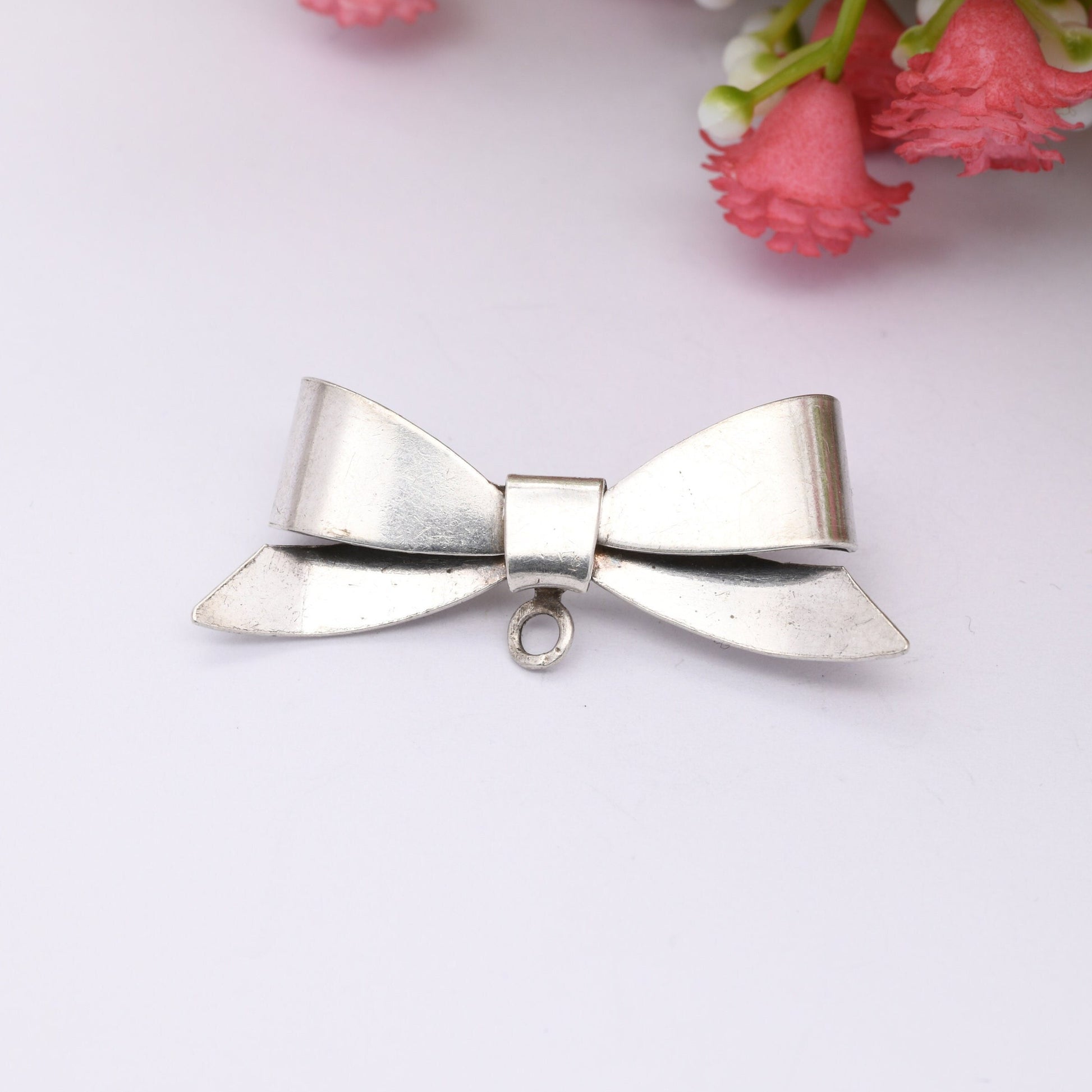 Vintage Sterling Silver Bow Brooch with Pendant Drop - Minimalist Plain Silver Bow | Cute Bow Jewellery