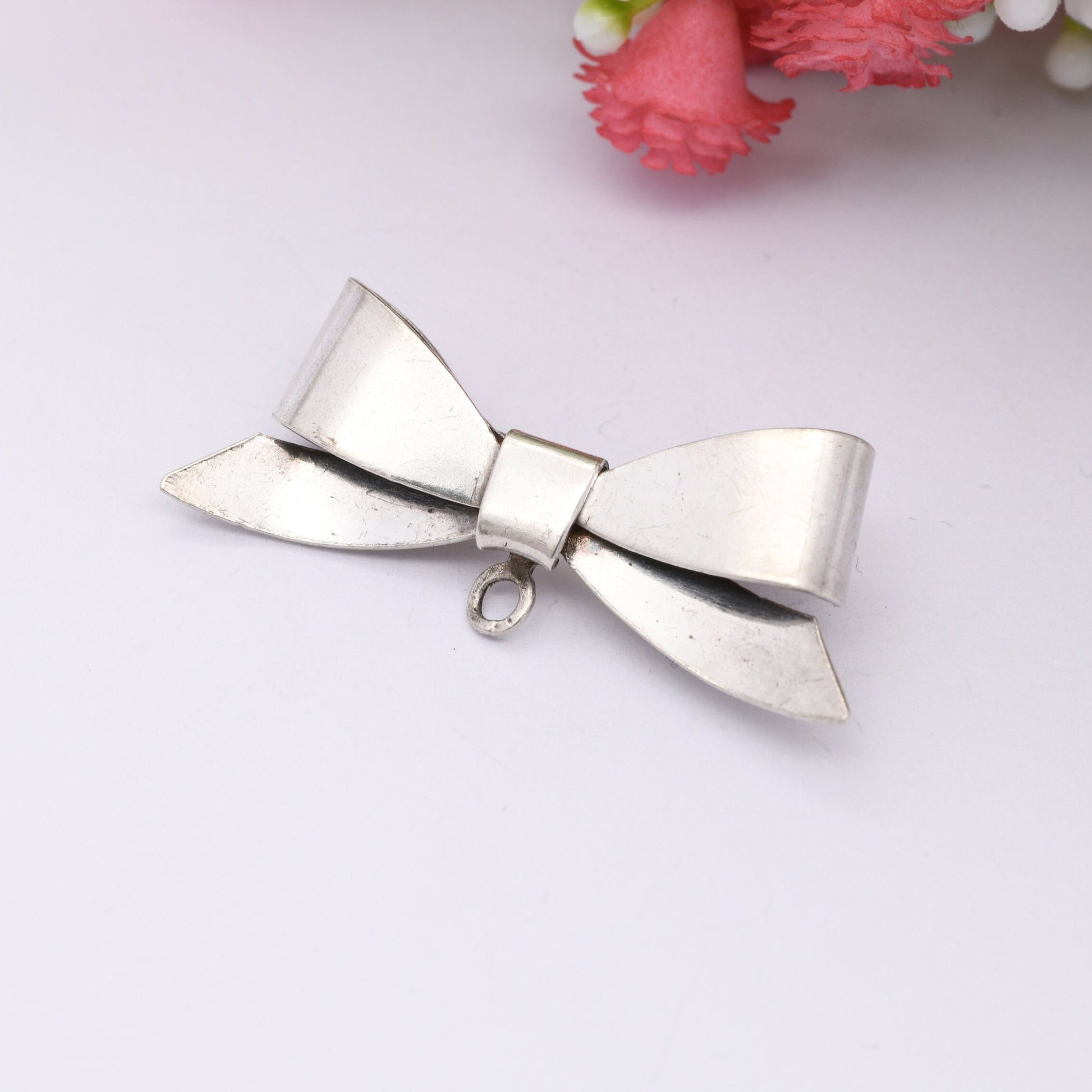 Vintage Sterling Silver Bow Brooch with Pendant Drop - Minimalist Plain Silver Bow | Cute Bow Jewellery