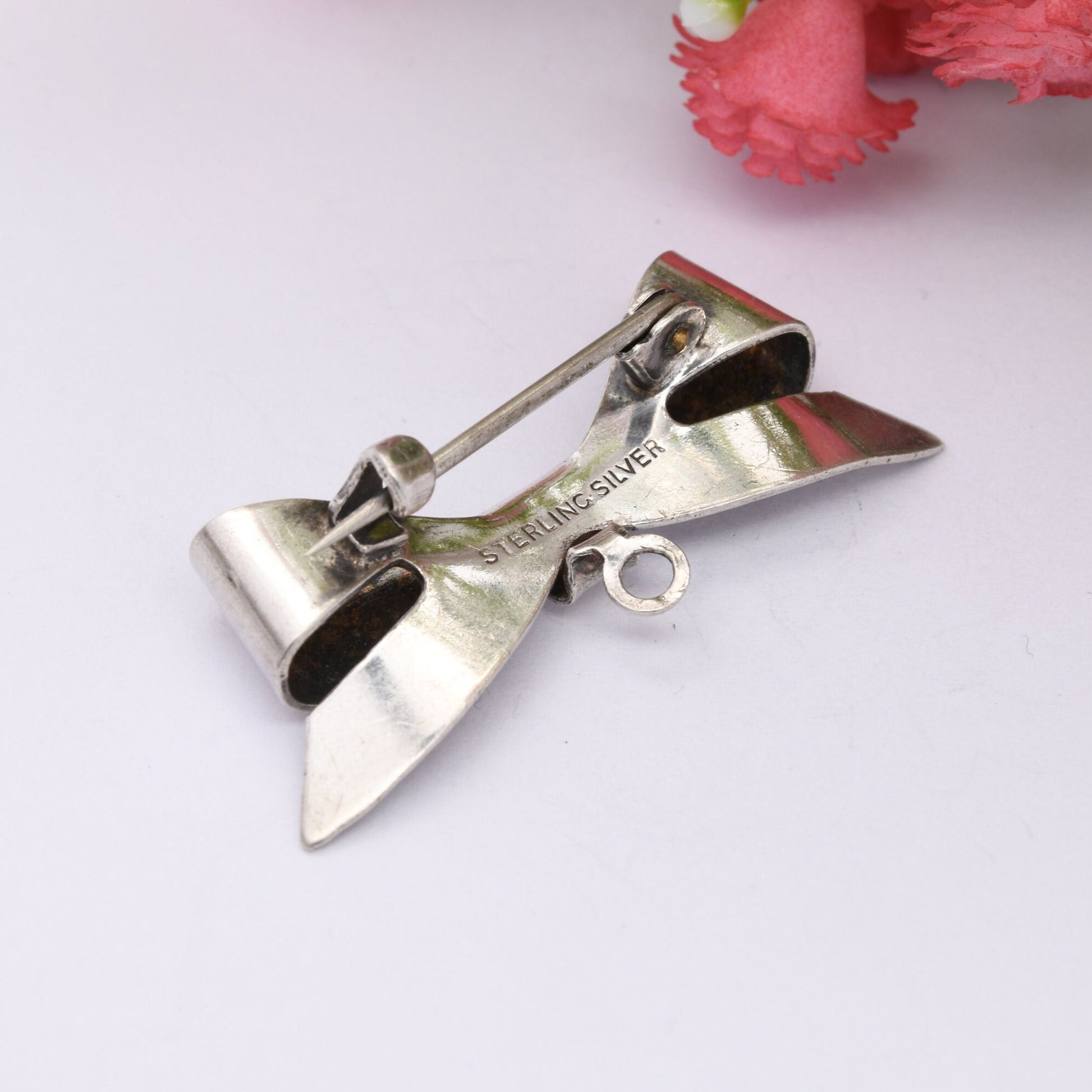 Vintage Sterling Silver Bow Brooch with Pendant Drop - Minimalist Plain Silver Bow | Cute Bow Jewellery