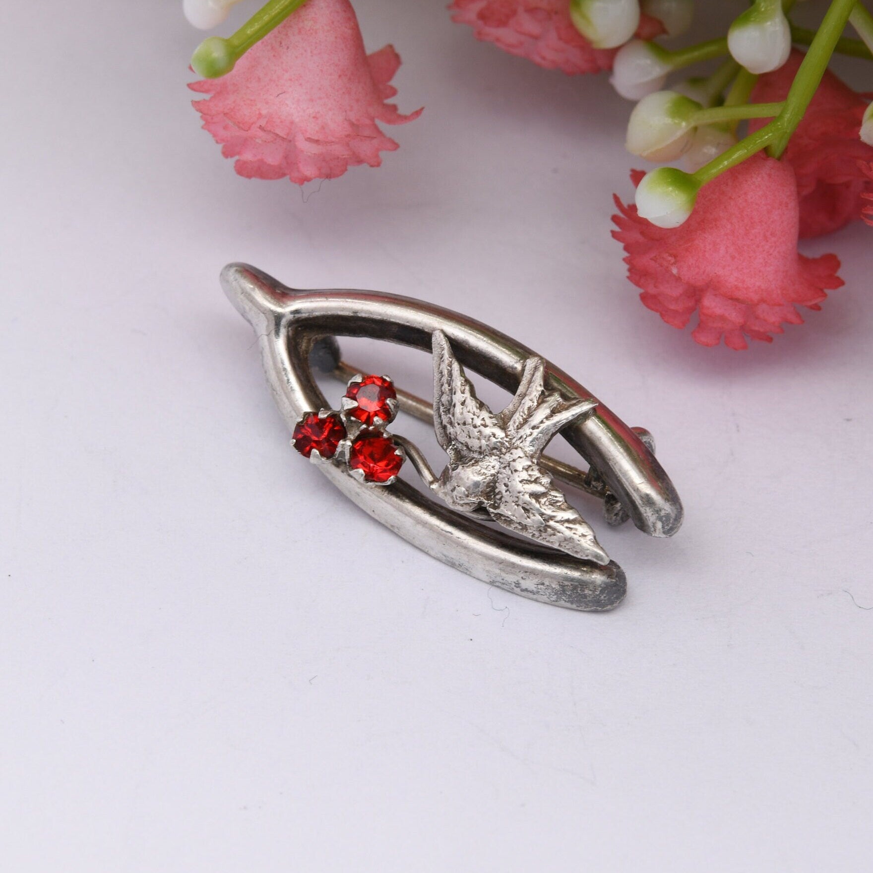 Antique Sterling Silver Bird in a Wishbone Brooch with Red Paste Three Leaf Clover