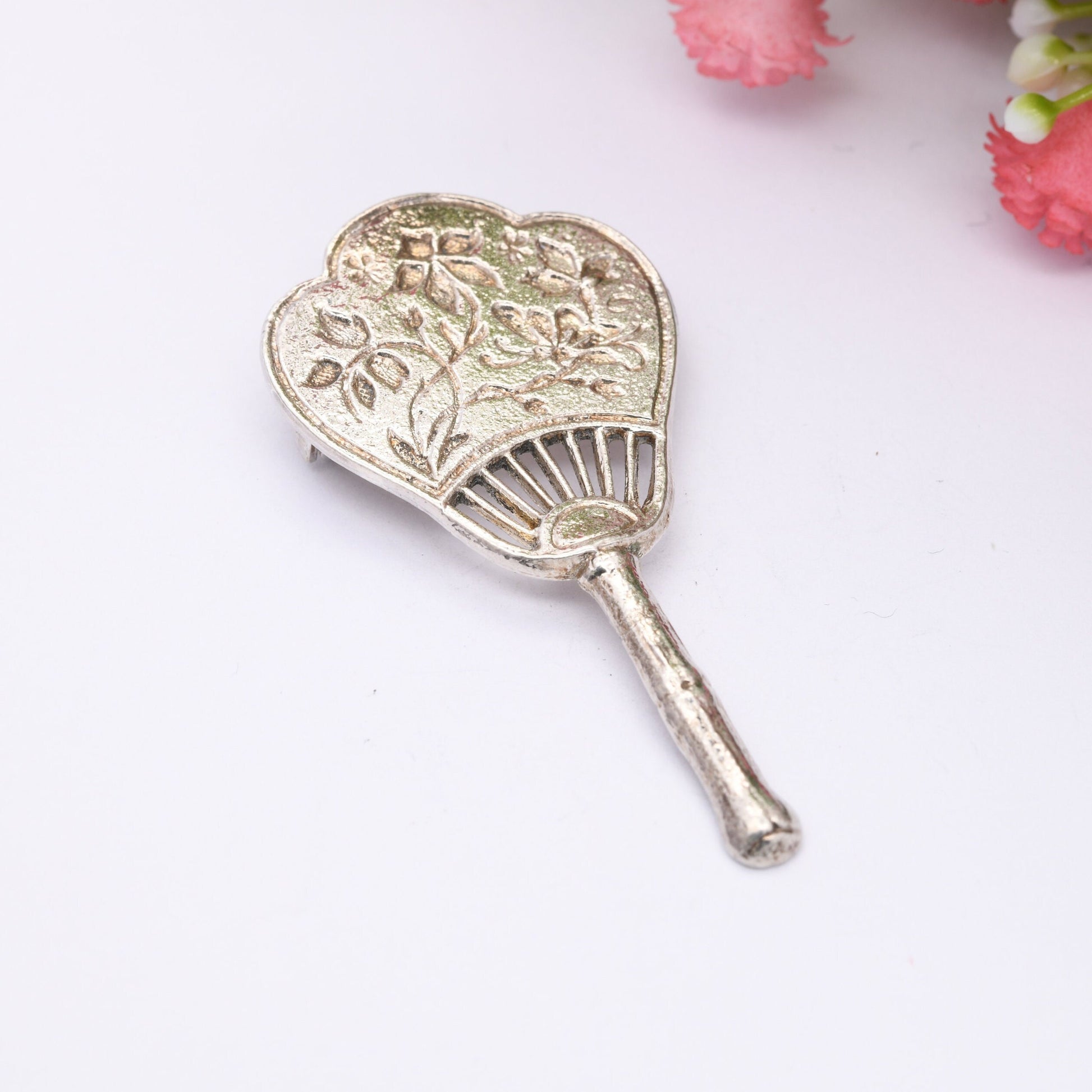 Vintage Open Fan Brooch Japanese Style - Butterfly and Flower Design | Mid-Century Silver Tone Statement Pin