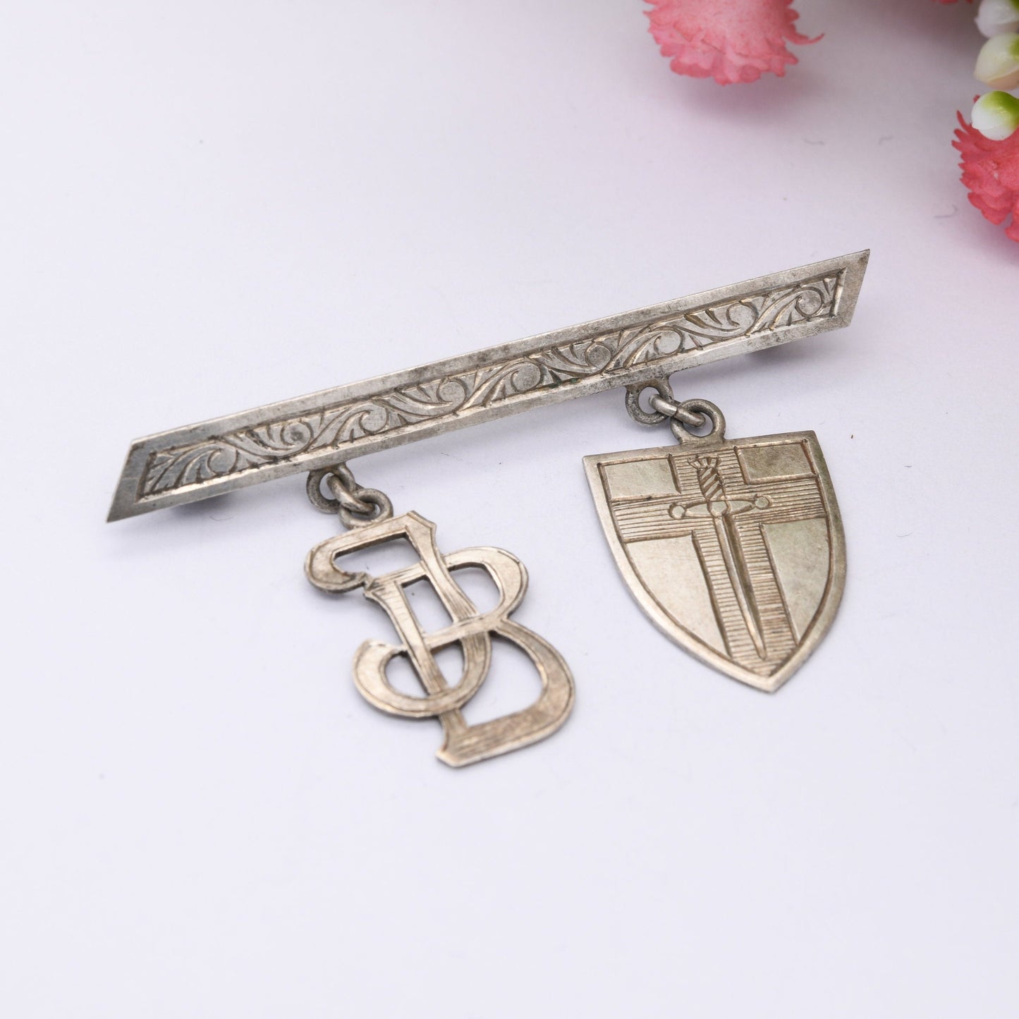 Antique Sword in Shield Initial Brooch - JB Monogram | Engraved Cross | Detailed Scrolling