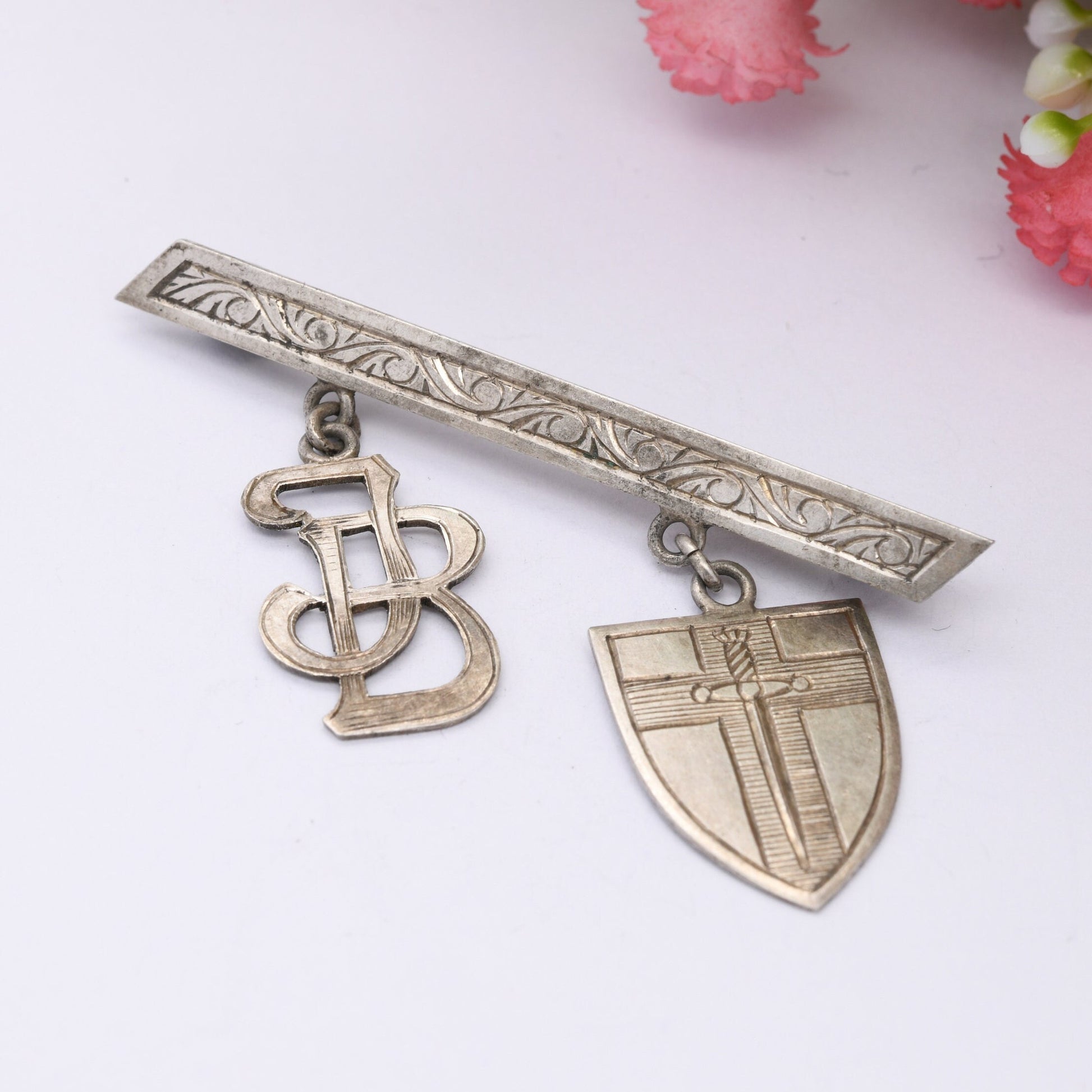 Antique Sword in Shield Initial Brooch - JB Monogram | Engraved Cross | Detailed Scrolling