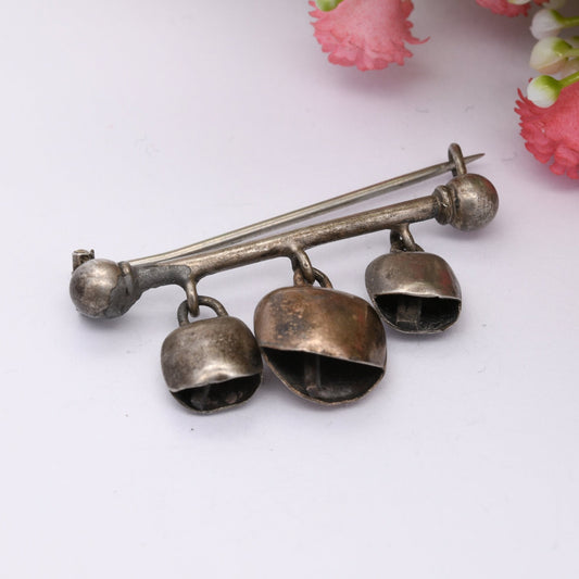 Antique Silver Three Cow Bells Bar Brooch - Hanging Bell Pendants with Tongue Clappers | Musical Brooch