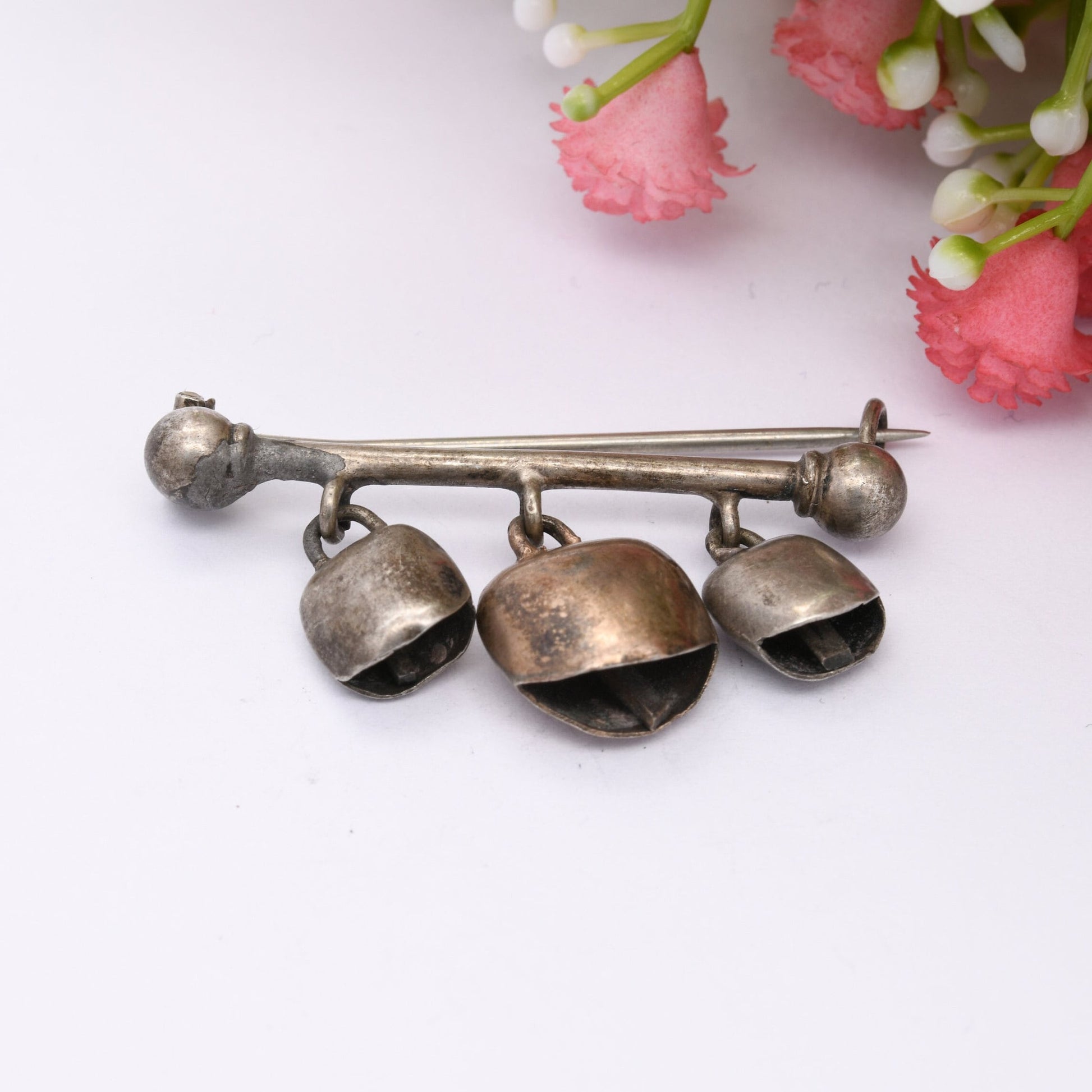 Antique Silver Three Cow Bells Bar Brooch - Hanging Bell Pendants with Tongue Clappers | Musical Brooch