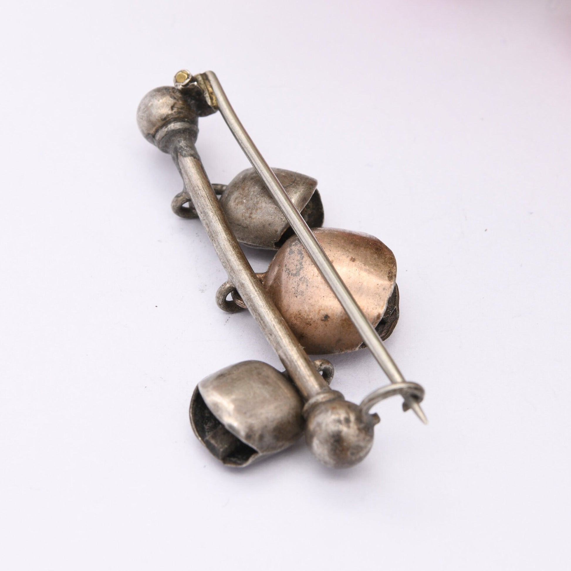 Antique Silver Three Cow Bells Bar Brooch - Hanging Bell Pendants with Tongue Clappers | Musical Brooch