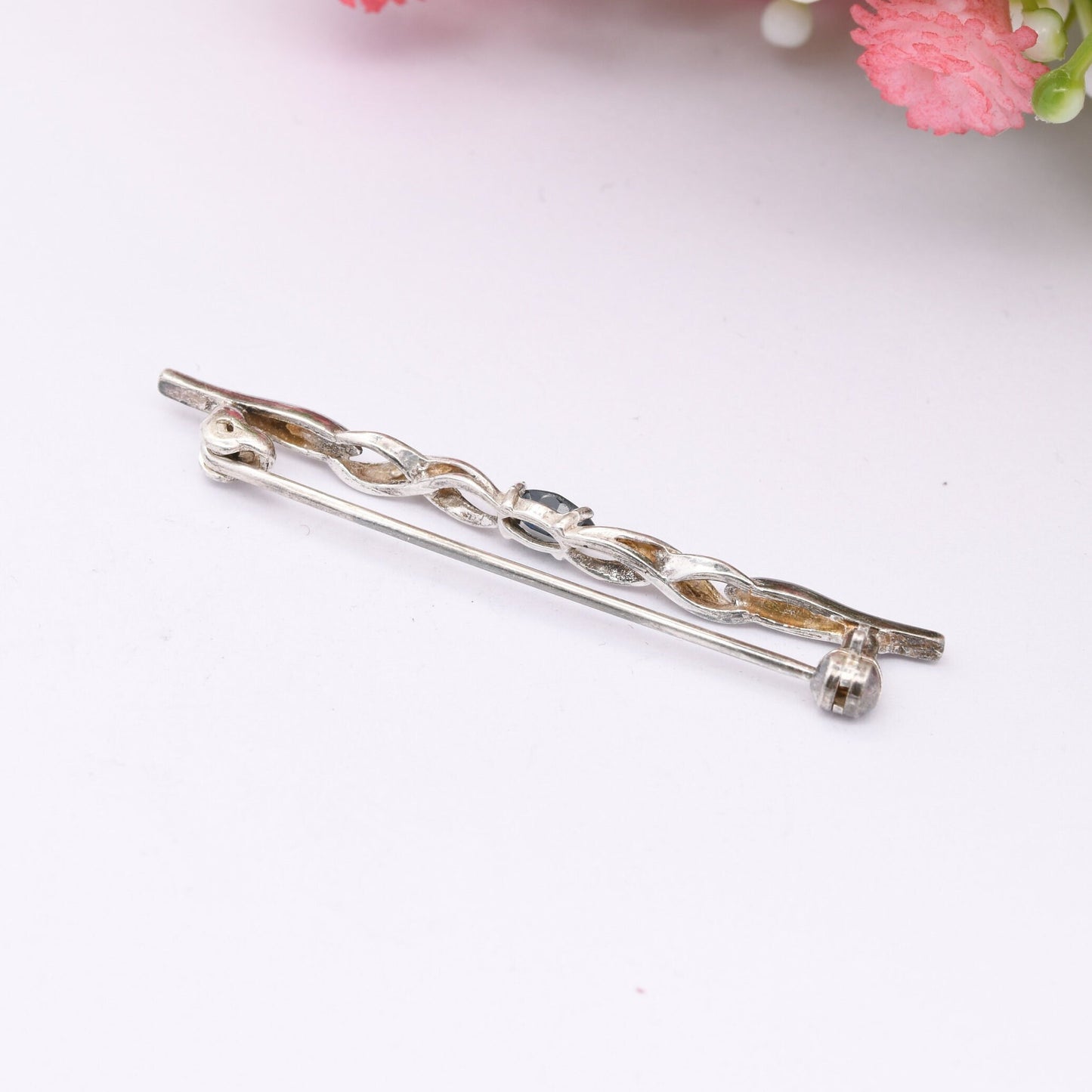 Vintage Andreas Daub Sterling Silver Sapphire Bar Brooch A*D - Twisted Silver Jewellery