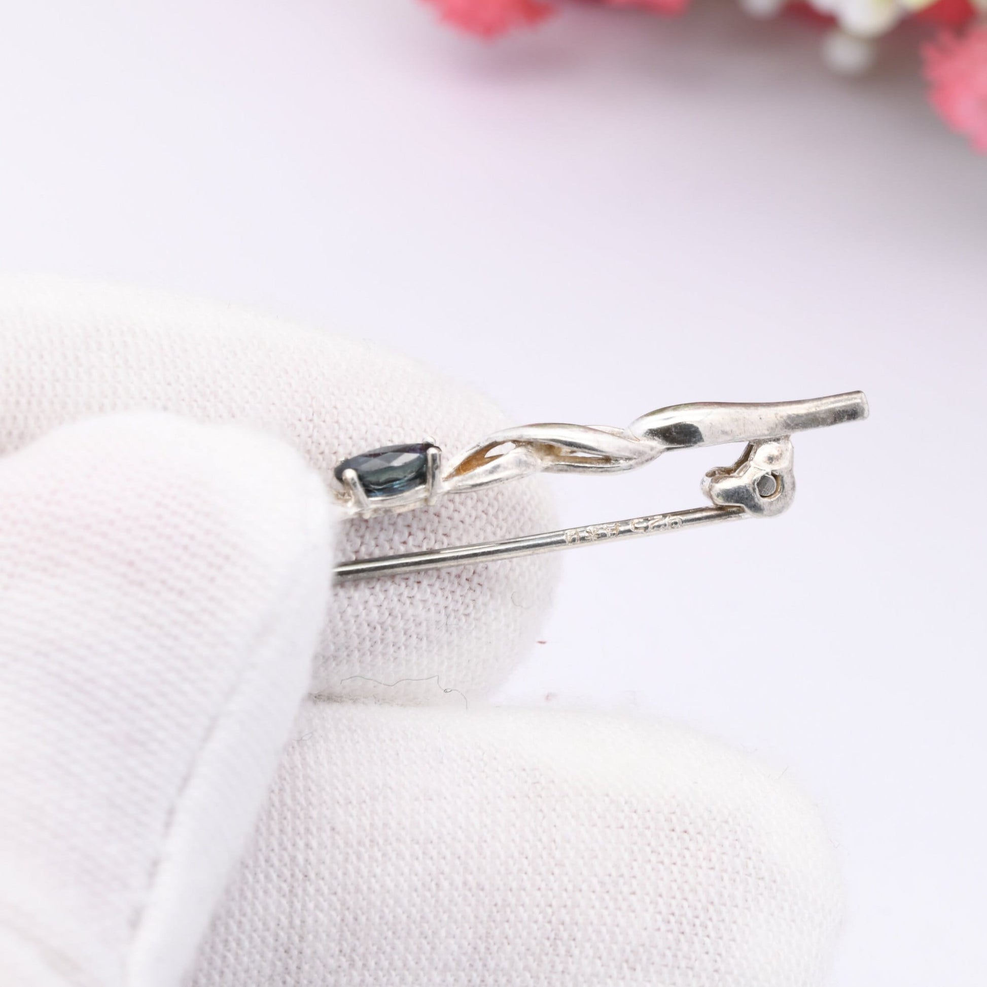 Vintage Andreas Daub Sterling Silver Sapphire Bar Brooch A*D - Twisted Silver Jewellery