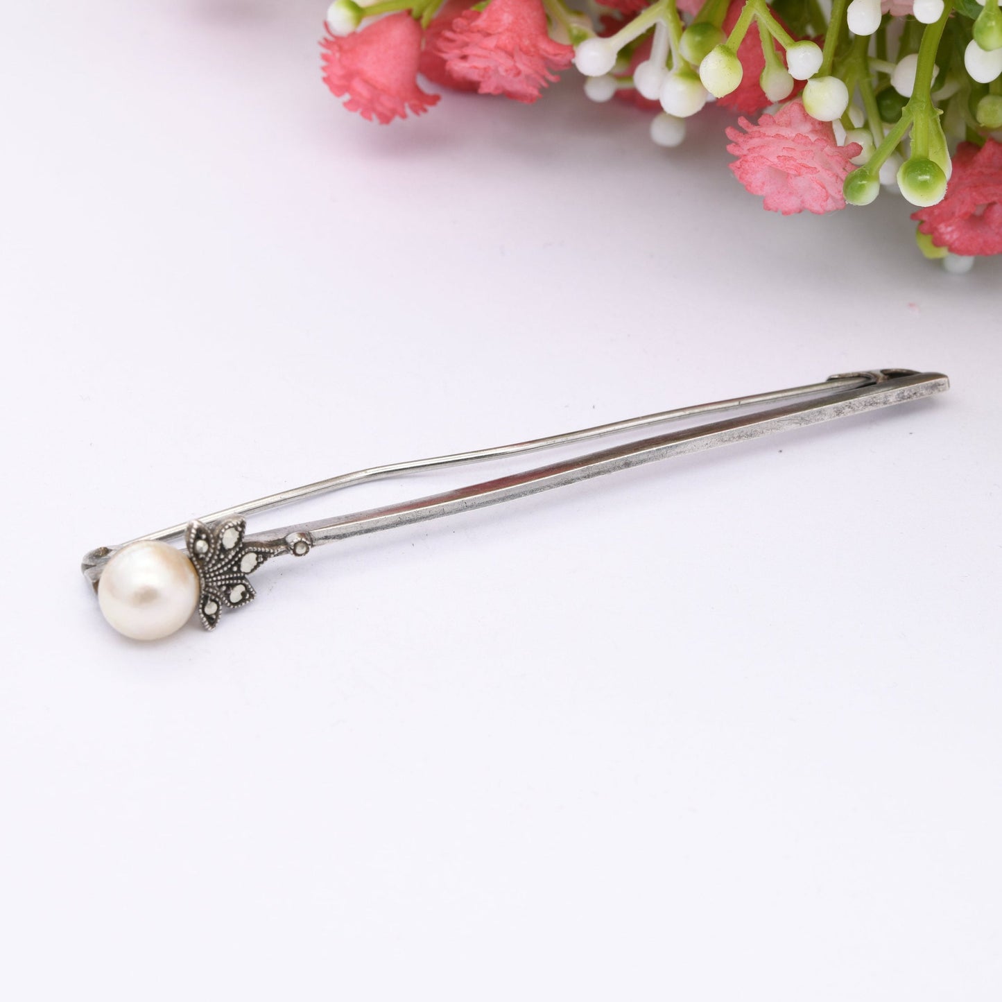 Vintage TLM Art Deco Sterling Silver Bar Brooch with Pearl and Marcasite - Thomas L Mott British Designer