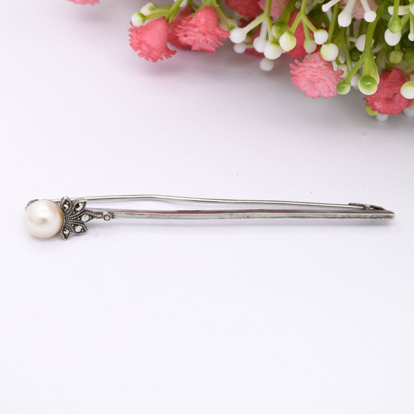 Vintage TLM Art Deco Sterling Silver Bar Brooch with Pearl and Marcasite - Thomas L Mott British Designer