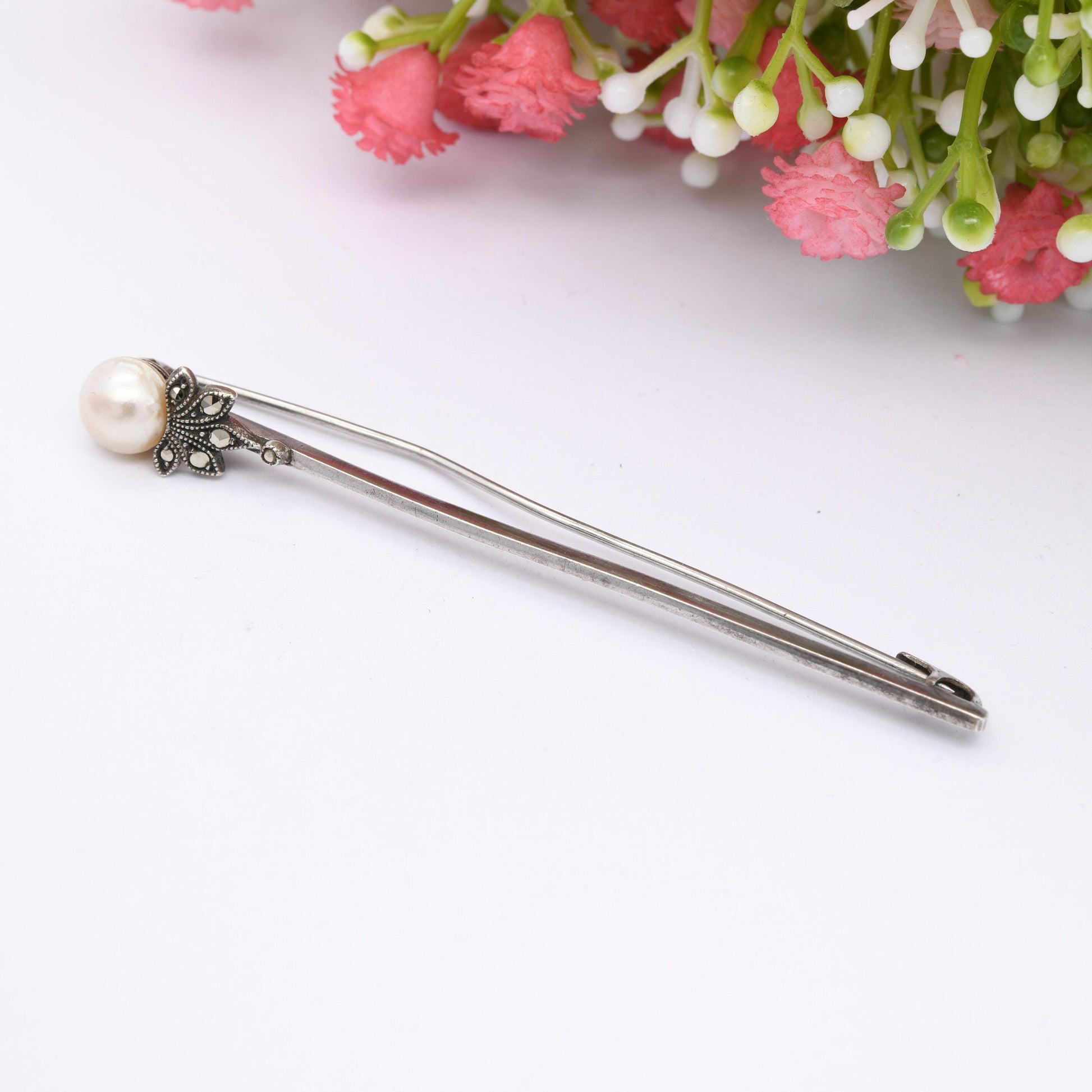 Vintage TLM Art Deco Sterling Silver Bar Brooch with Pearl and Marcasite - Thomas L Mott British Designer