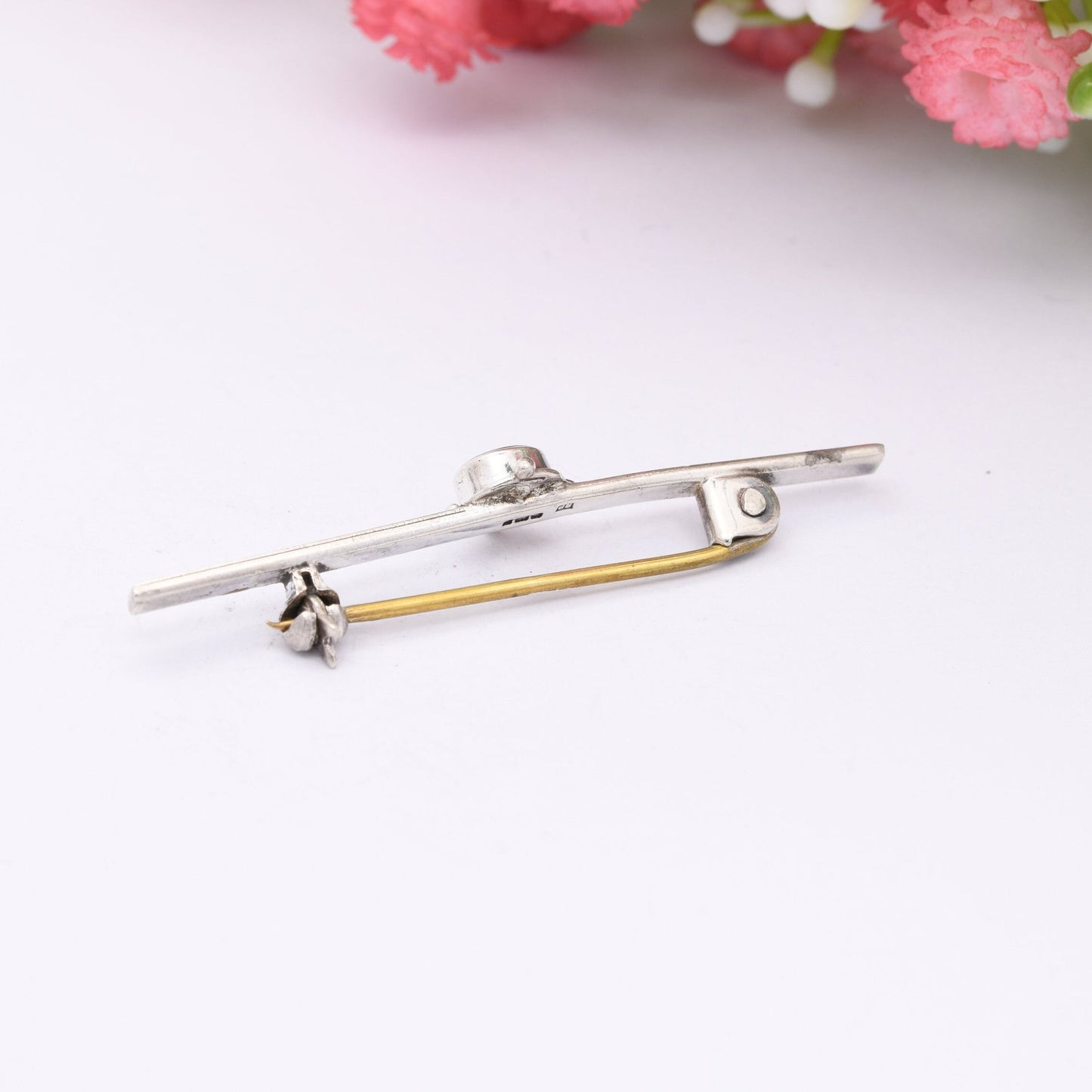 Vintage Sterling Silver Onyx Bar Brooch 1985 - Mid-Century Minimalist Design