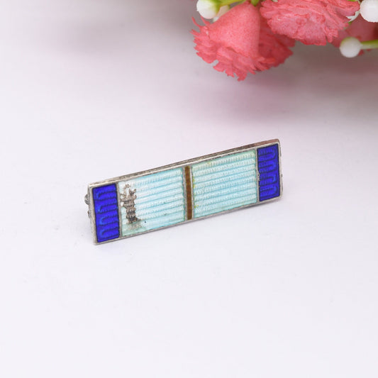 Antique Sterling Silver Guilloche Enamel Brooch - Two-Tone Baby Blue and Deep Blue