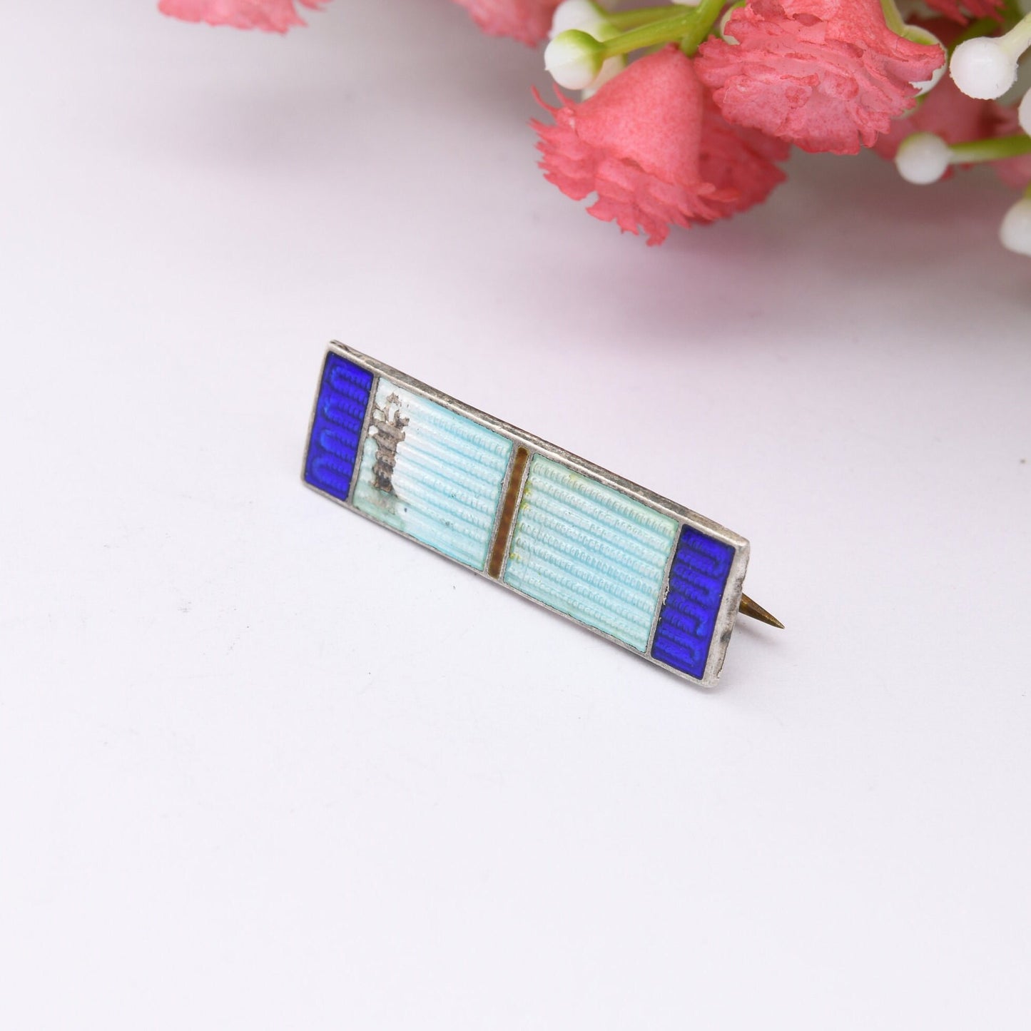 Antique Sterling Silver Guilloche Enamel Brooch - Two-Tone Baby Blue and Deep Blue