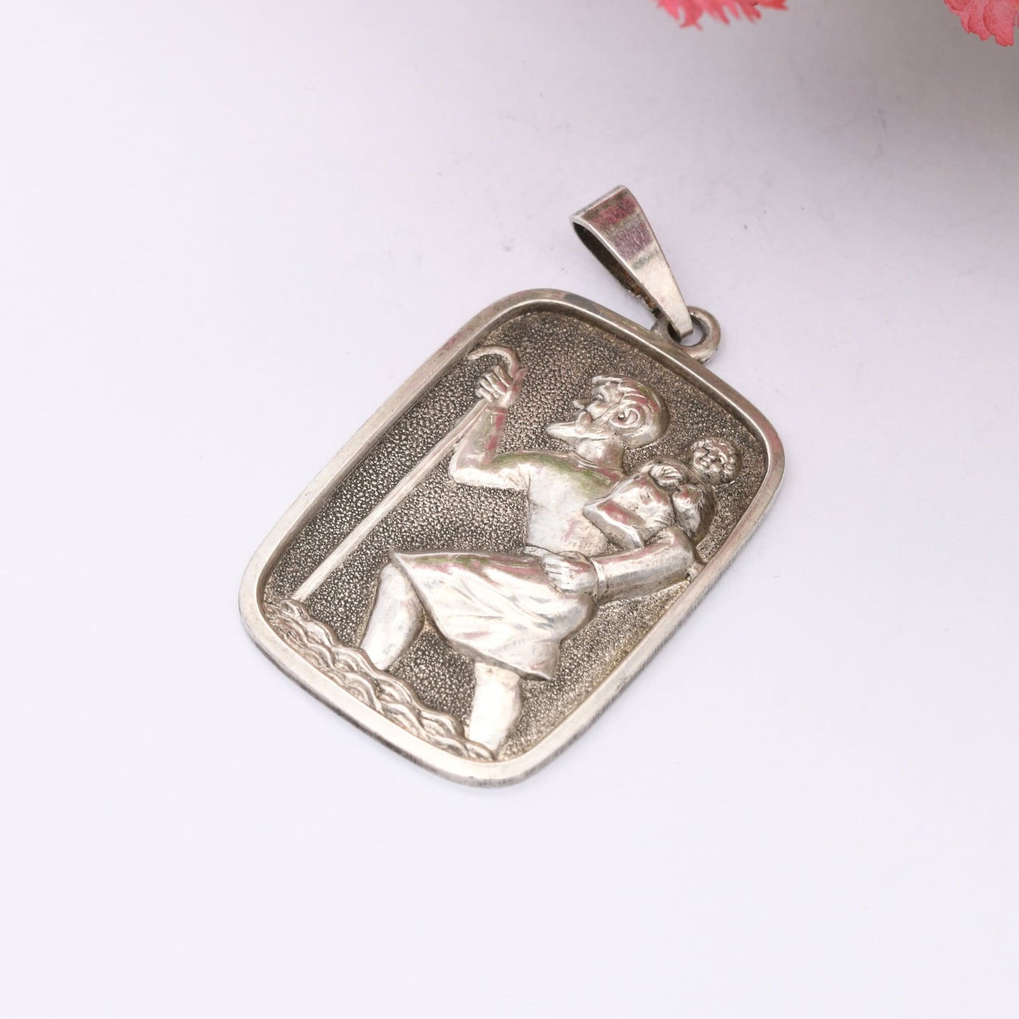 Vintage Sterling Silver St. Christopher Charm Pendant - Rectangle | 3D
