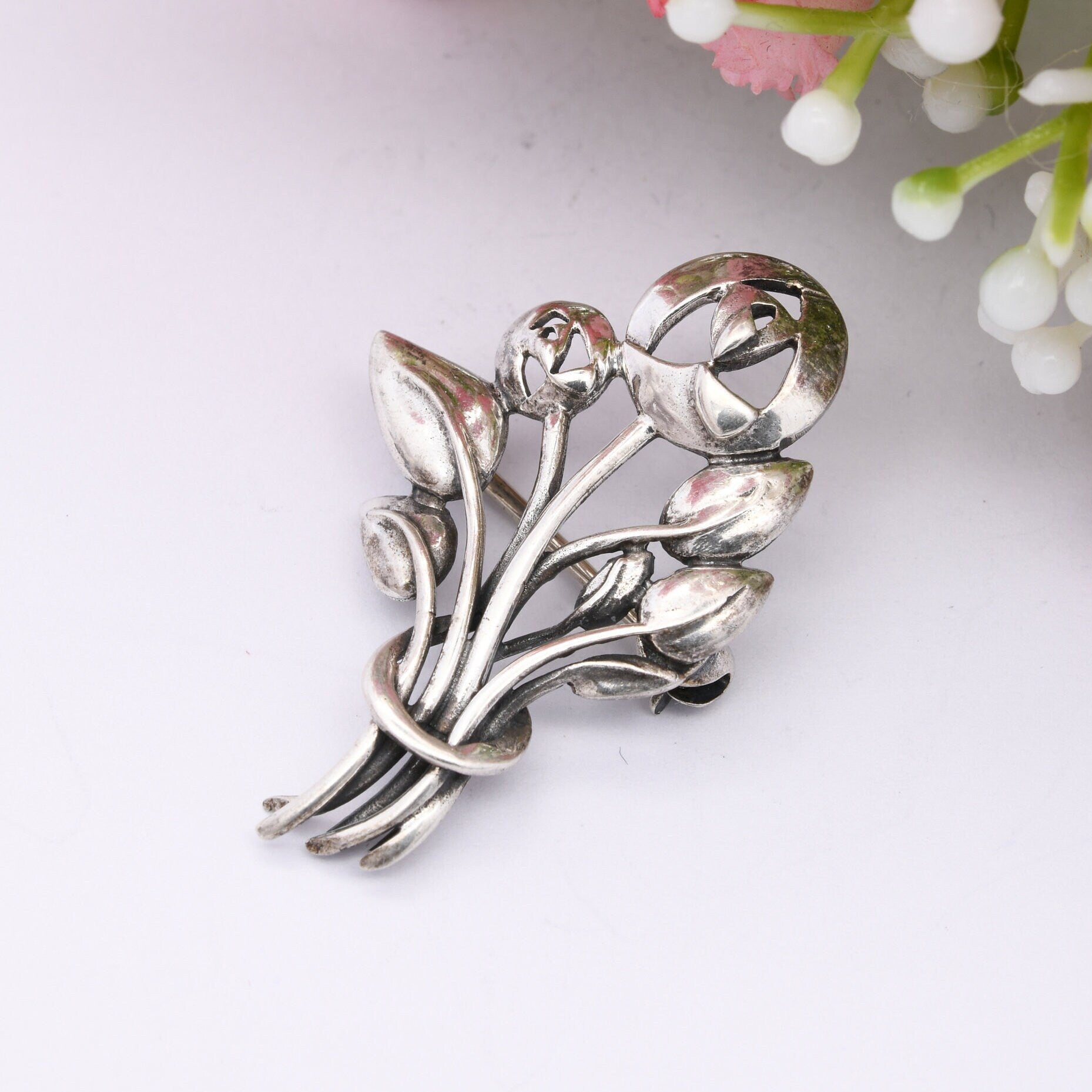 Vintage Kit Heath Sterling Silver Bunch of Flowers Brooch - Openwork Celtic Flower Design | Glasgow Rose