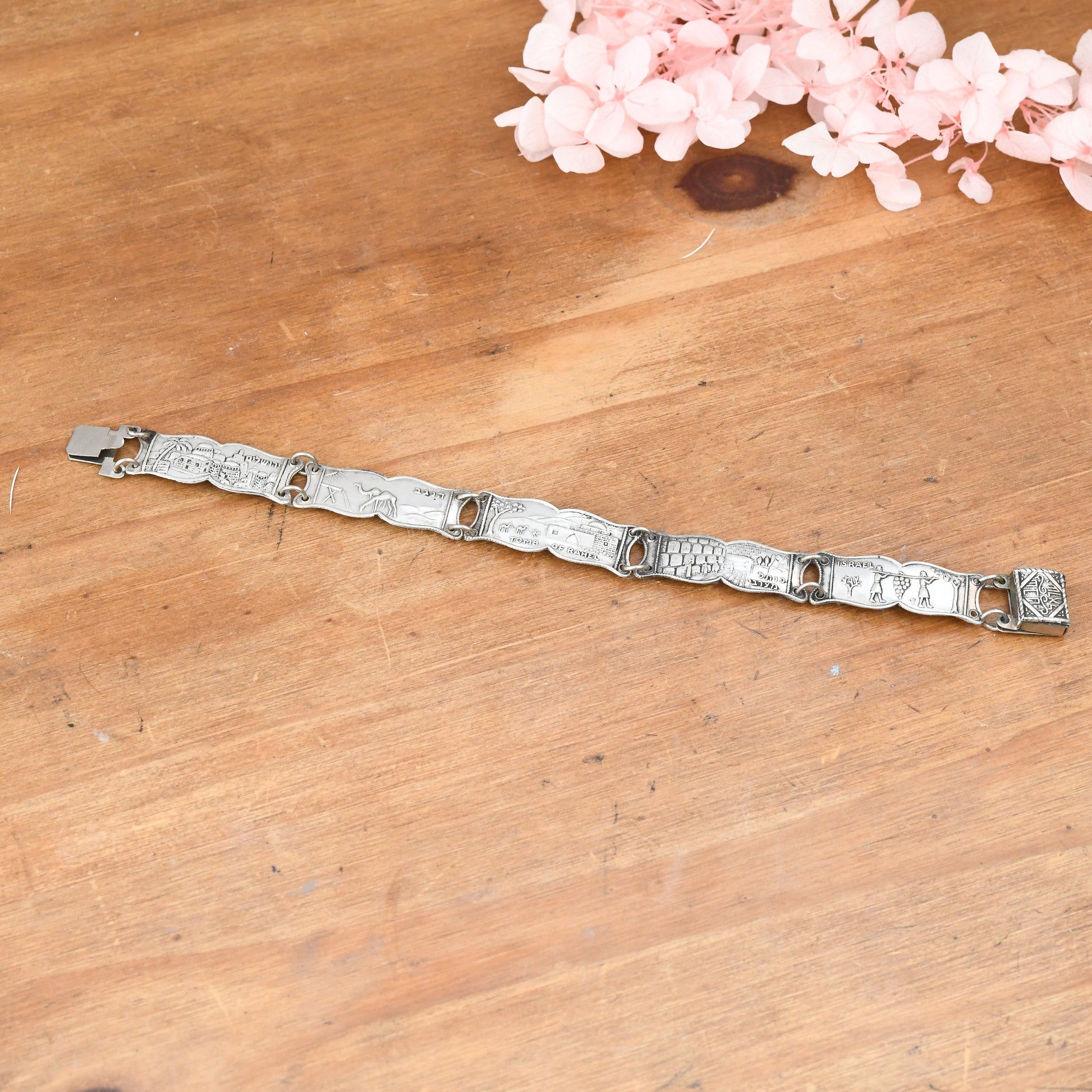 Vintage Israel Silver Souvenir Panel Bracelet - Tomb of Rahel Negev Desert Western Wall | Scenes of Jerusalem