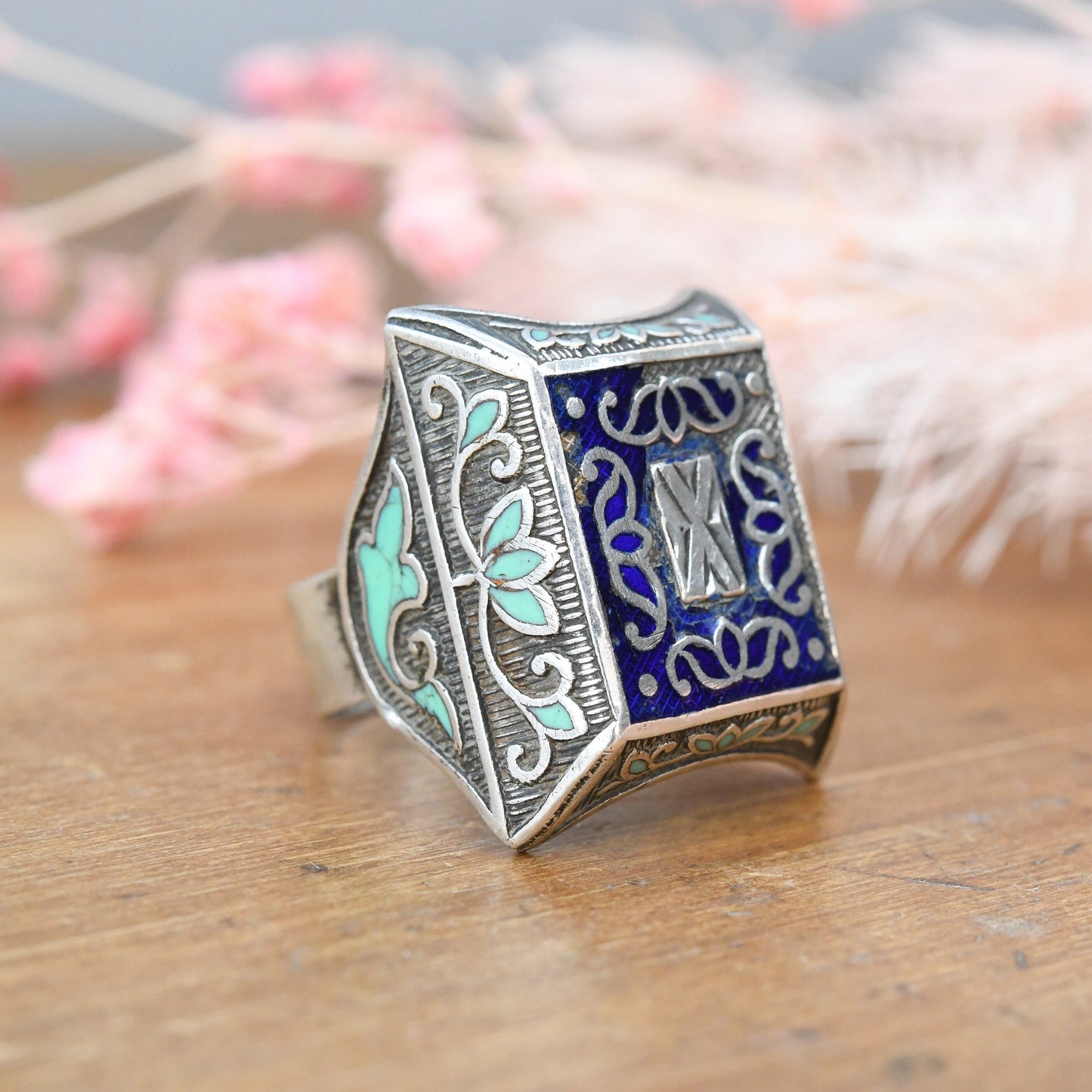 Vintage Silver Blue and Turquoise Enamel Lotus Flower Ring - Ornate Pressed Silver Sheet | Antique Collectable | UK Size - S | US Size - 9