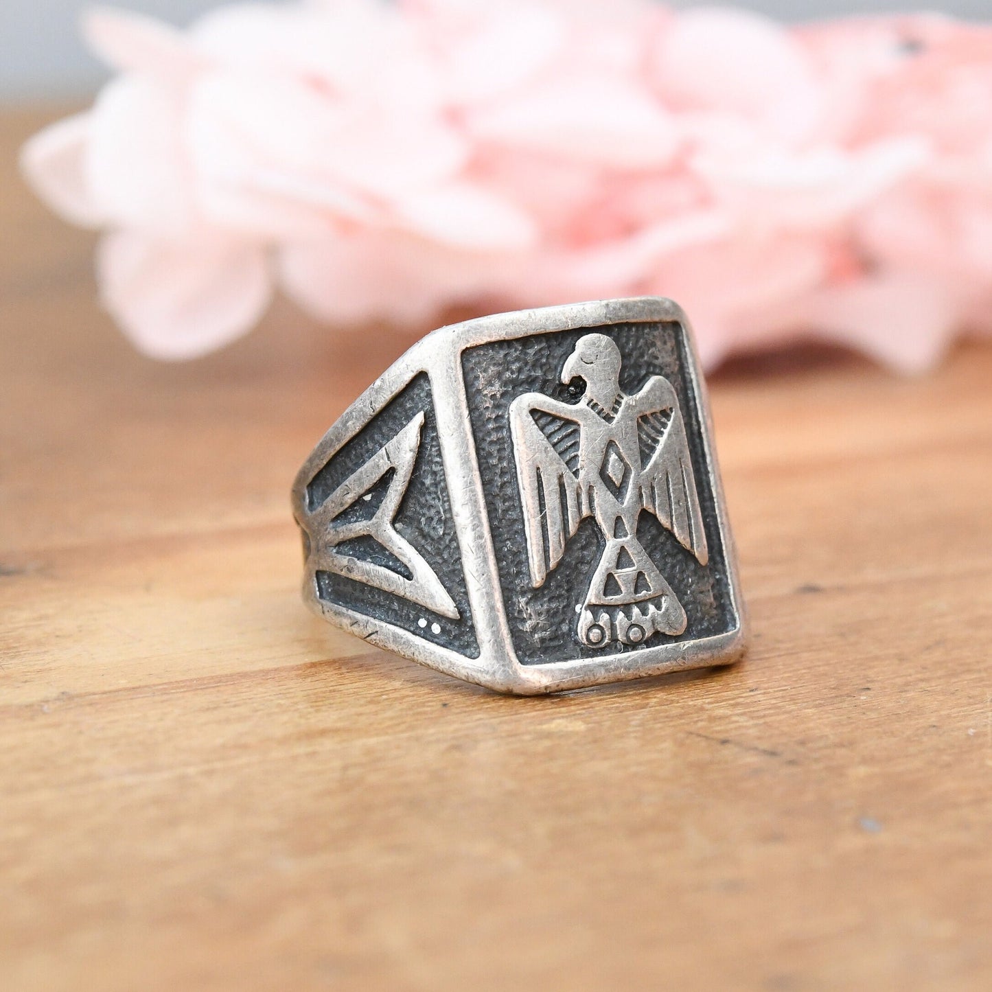 Vintage Navajo Thunderbird Sterling Silver Signet Ring - Southwestern Mid-Century Chunky Unisex | UK Size - L 1/2 | US Size - 6