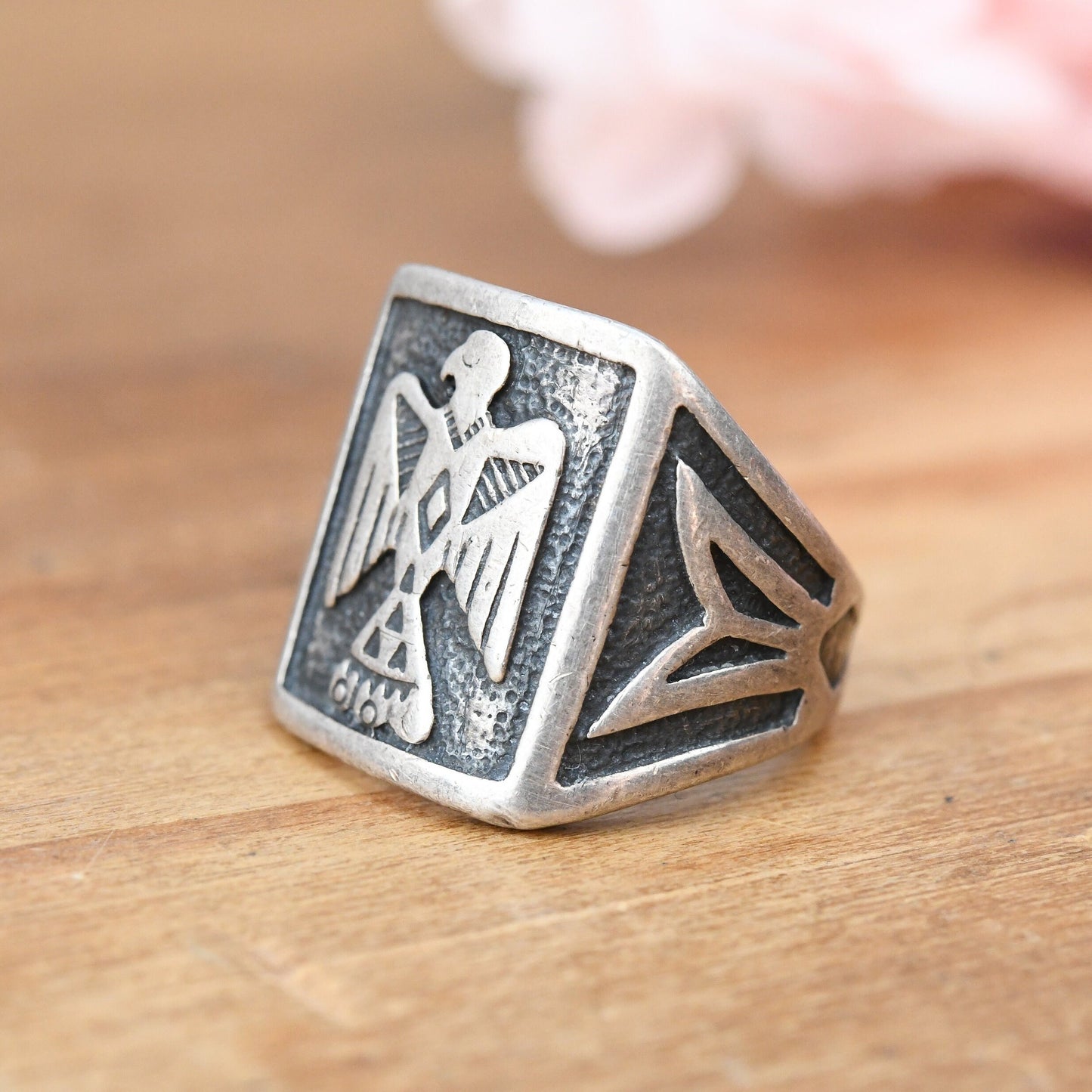 Vintage Navajo Thunderbird Sterling Silver Signet Ring - Southwestern Mid-Century Chunky Unisex | UK Size - L 1/2 | US Size - 6