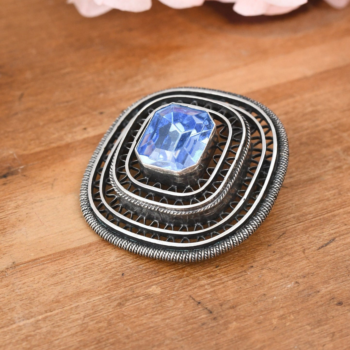 Vintage Israel Silver Wirework Pendant Brooch with Large Light Blue Stone - Mid-Century Israeli Silver Jewellery