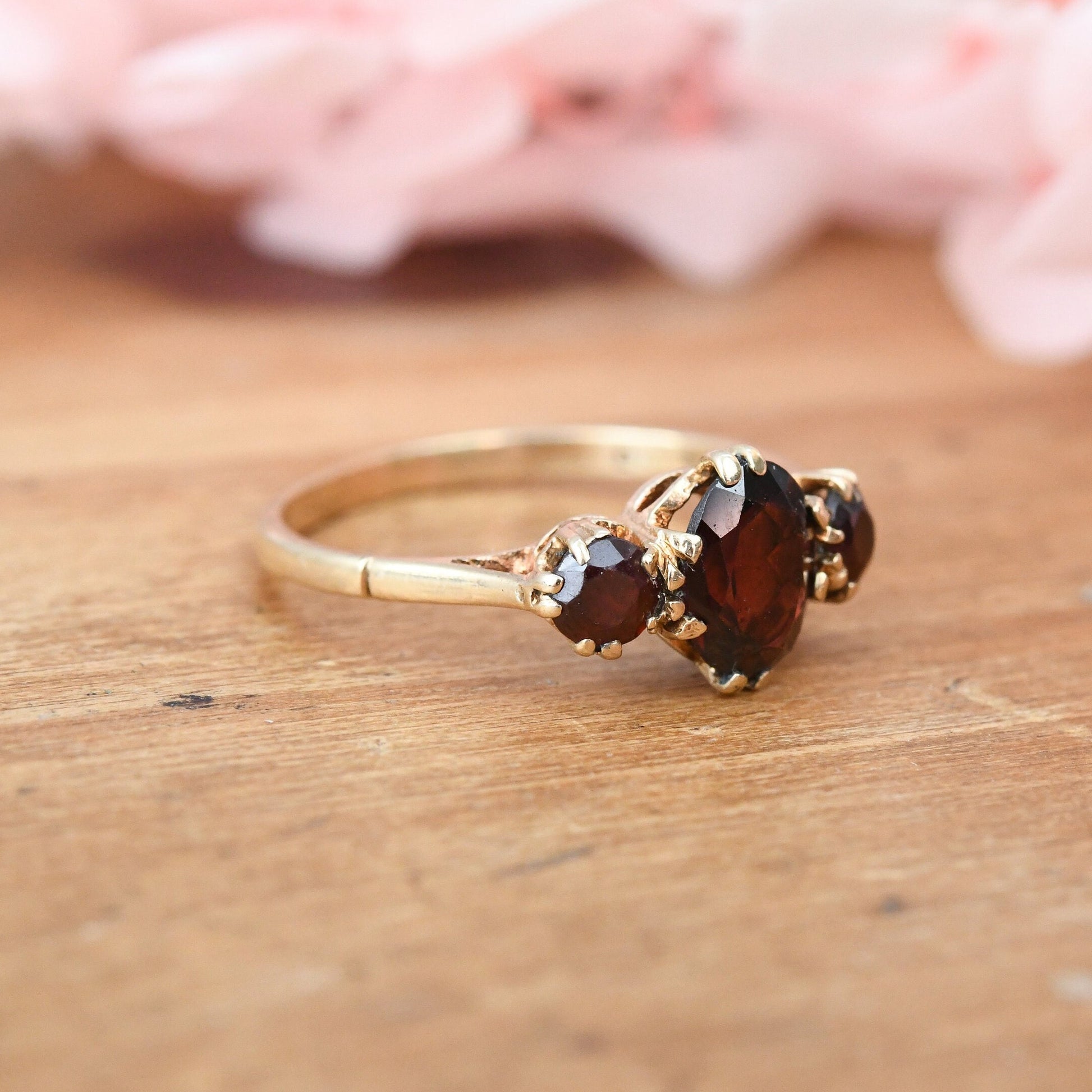 Vintage 9ct Gold Three Stone Garnet Ring 1968 - Mid-Century Red Stone Engagement Cocktail Ring | UK Size - M 1/2 | US Size - 6 1/2