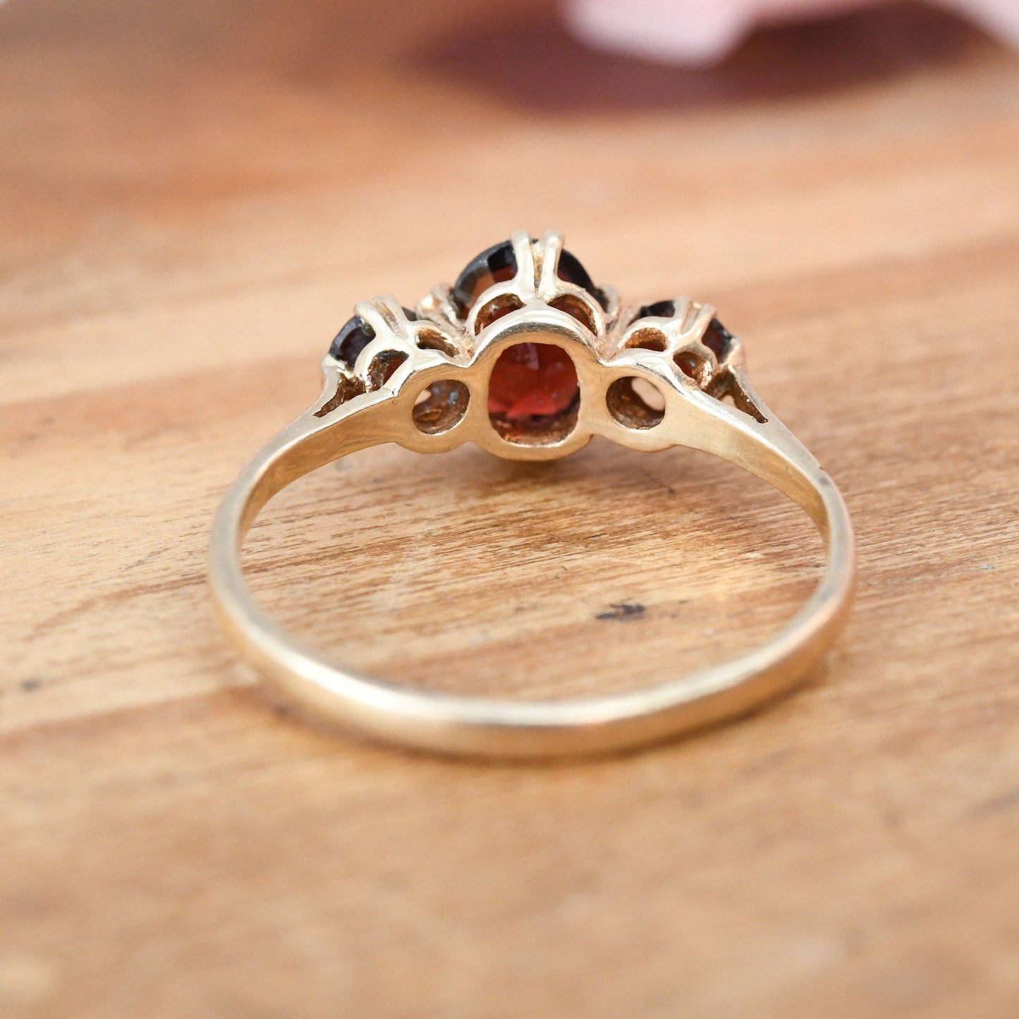 Vintage 9ct Gold Three Stone Garnet Ring 1968 - Mid-Century Red Stone Engagement Cocktail Ring | UK Size - M 1/2 | US Size - 6 1/2