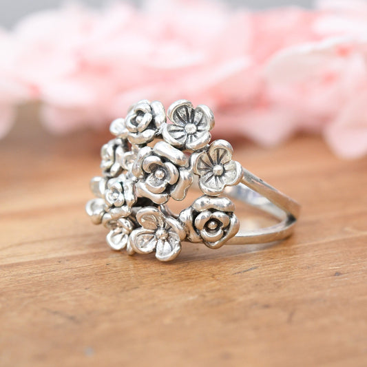 Vintage Chunky Sterling Silver Flower Ring - Statement Boule Floral Cluster | UK Size - P | US Size - 7 1/2