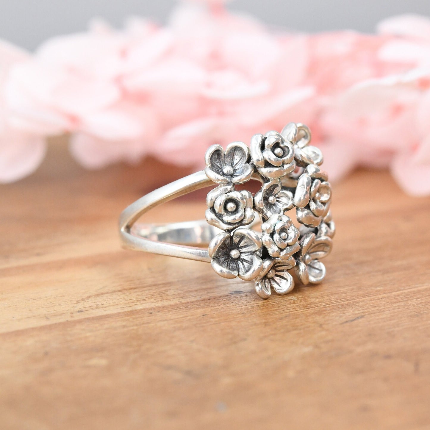 Vintage Chunky Sterling Silver Flower Ring - Statement Boule Floral Cluster | UK Size - P | US Size - 7 1/2