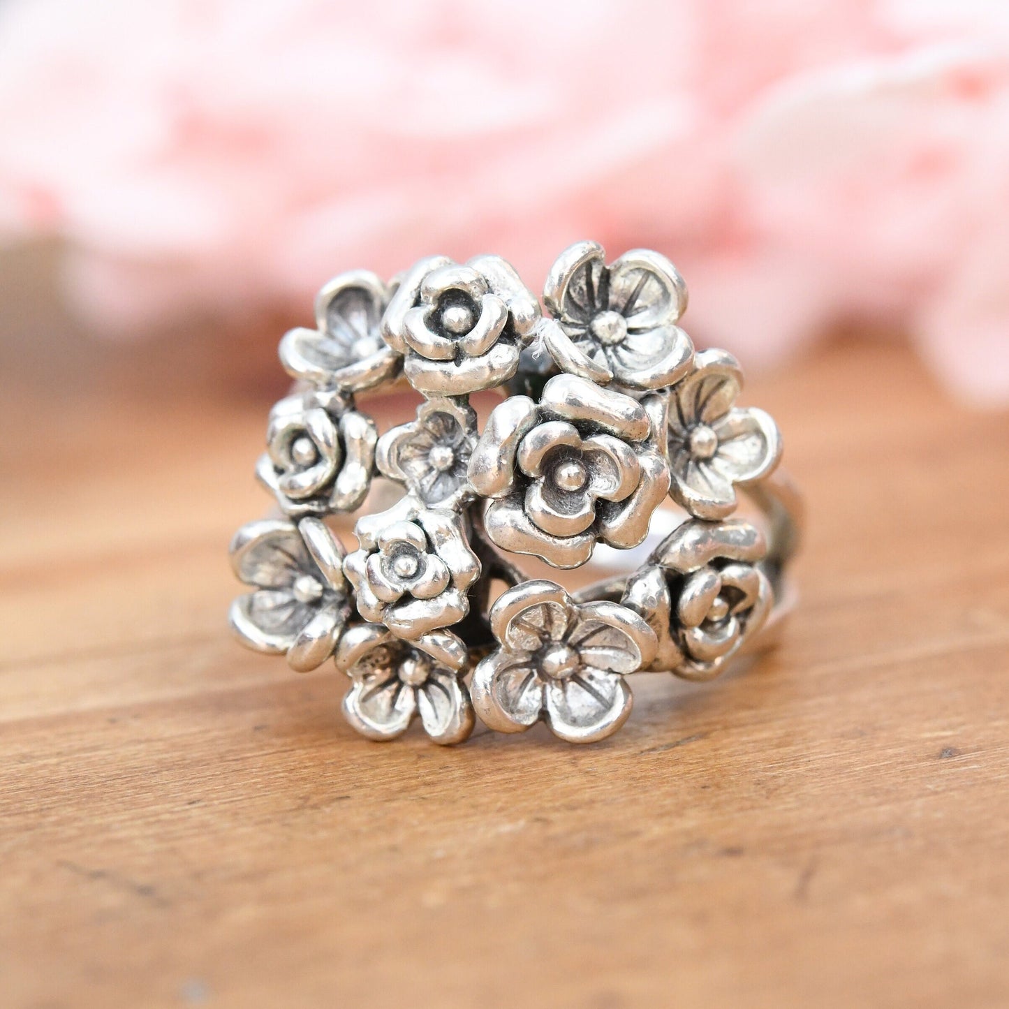 Vintage Chunky Sterling Silver Flower Ring - Statement Boule Floral Cluster | UK Size - P | US Size - 7 1/2