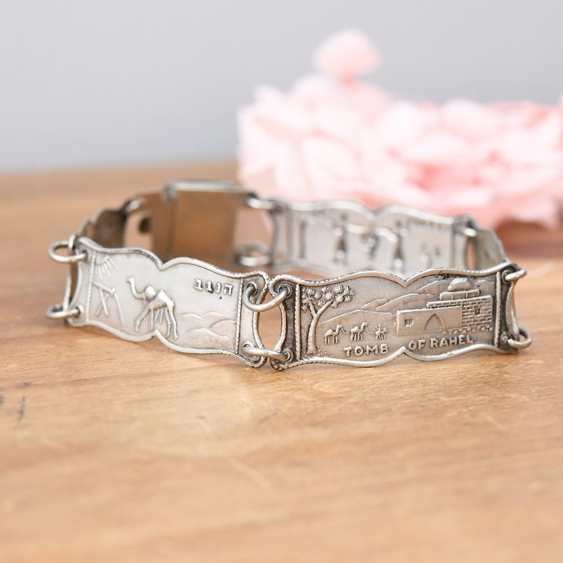 Vintage Israel Silver Souvenir Panel Bracelet - Tomb of Rahel Negev Desert Western Wall | Scenes of Jerusalem