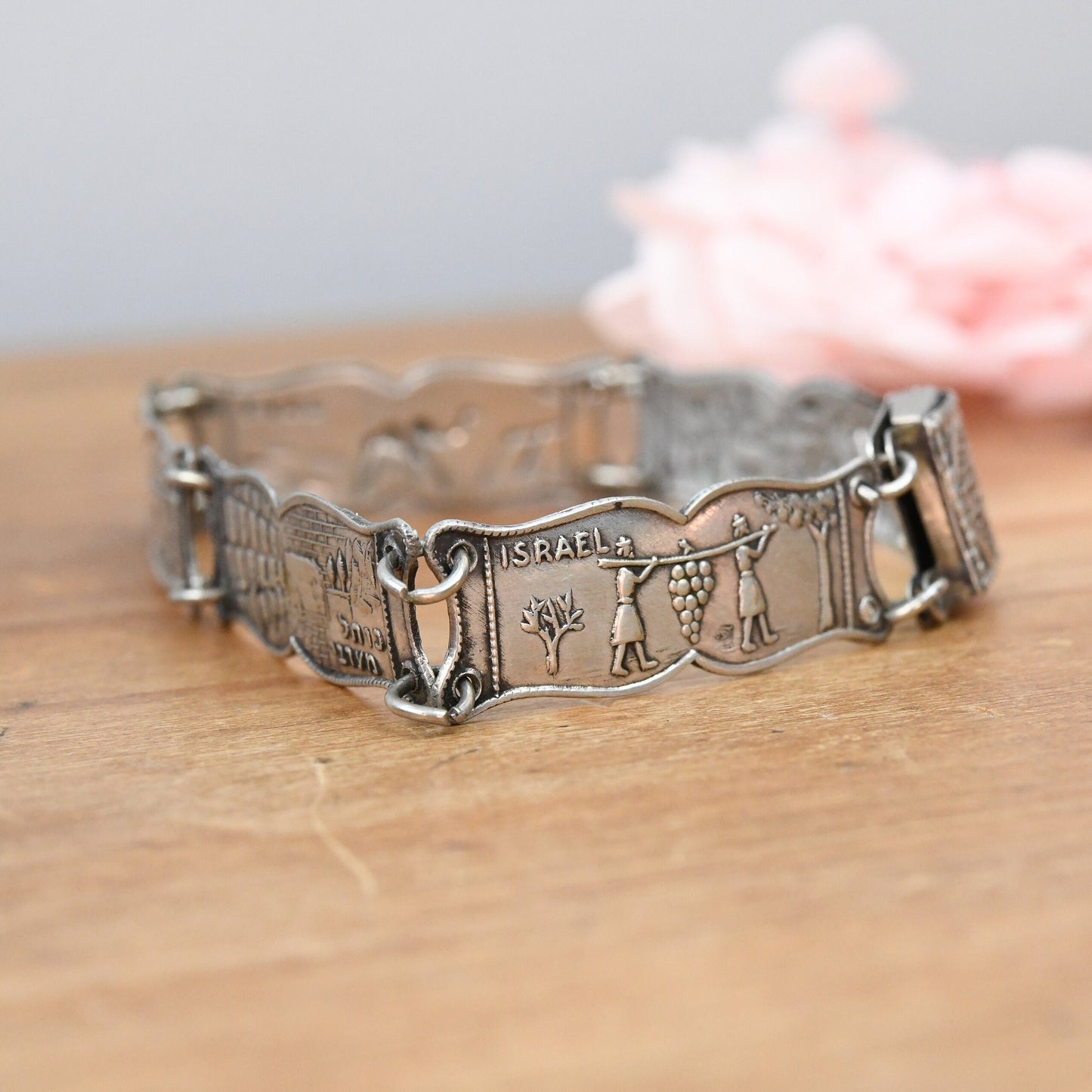 Vintage Israel Silver Souvenir Panel Bracelet - Tomb of Rahel Negev Desert Western Wall | Scenes of Jerusalem