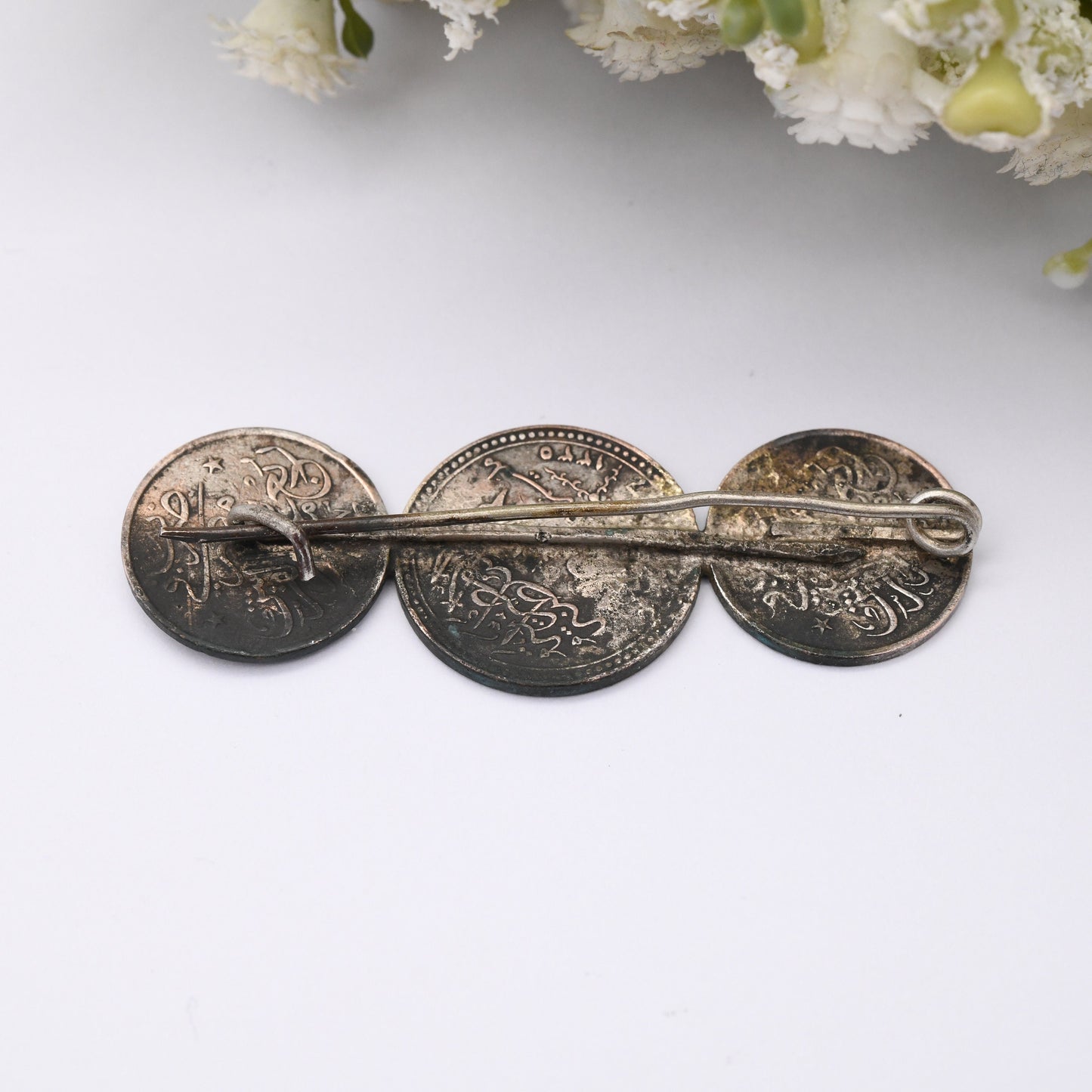 Antique Egyptian Coin Brooch with Three Coins - 1917 1/2 Millieme | 1/40 Qirsh | Silver Plated Bronze