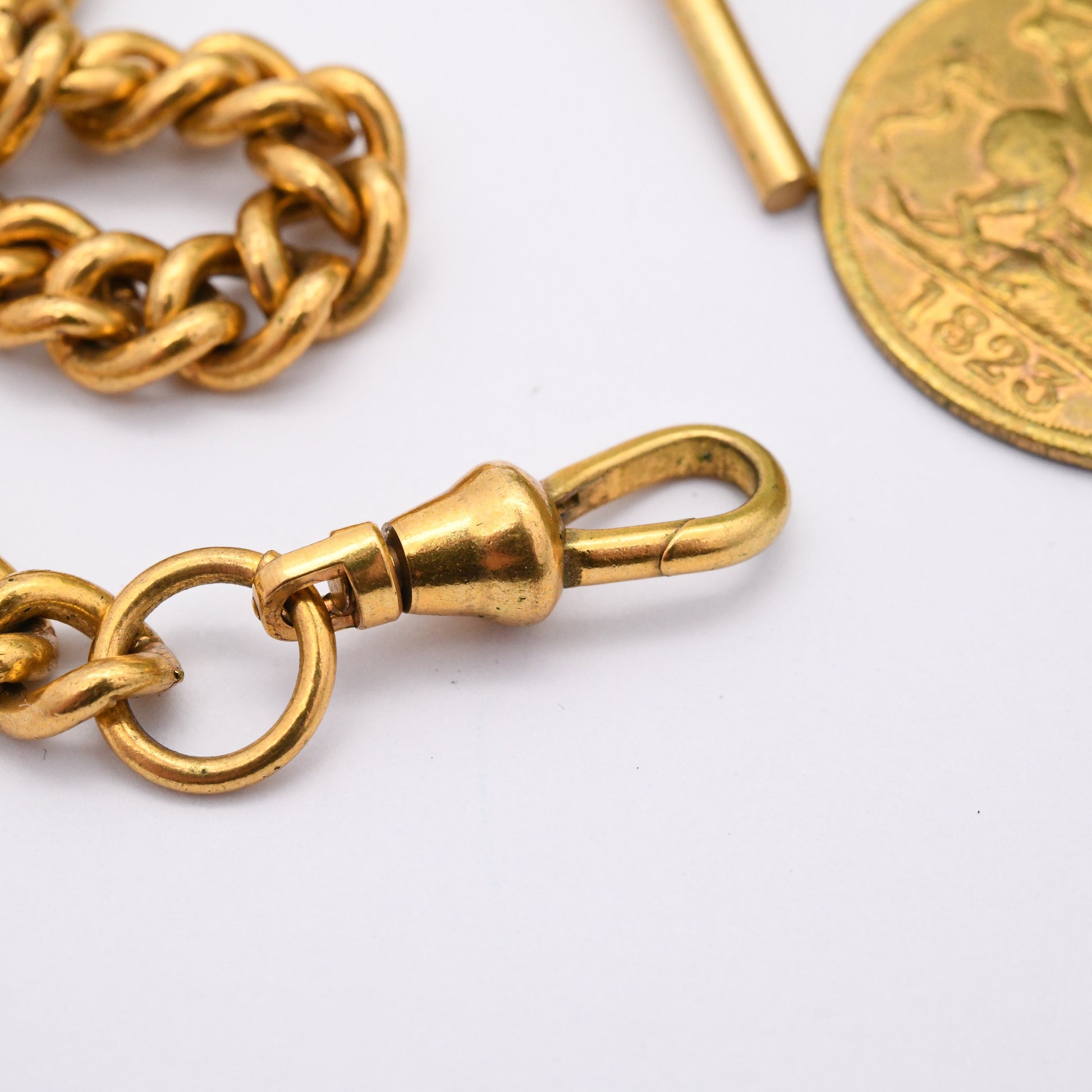 Vintage Albert Chain with 1823 George IV Token T-Bar Dog Clip Clasp - Pocket Watch Chain | Gold Tone