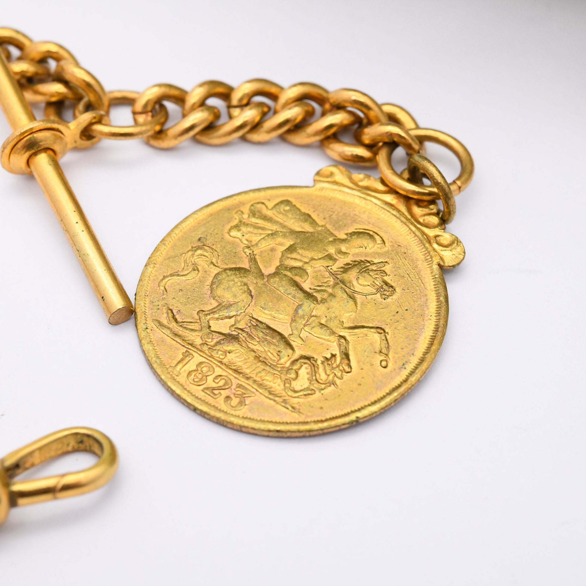 Vintage Albert Chain with 1823 George IV Token T-Bar Dog Clip Clasp - Pocket Watch Chain | Gold Tone